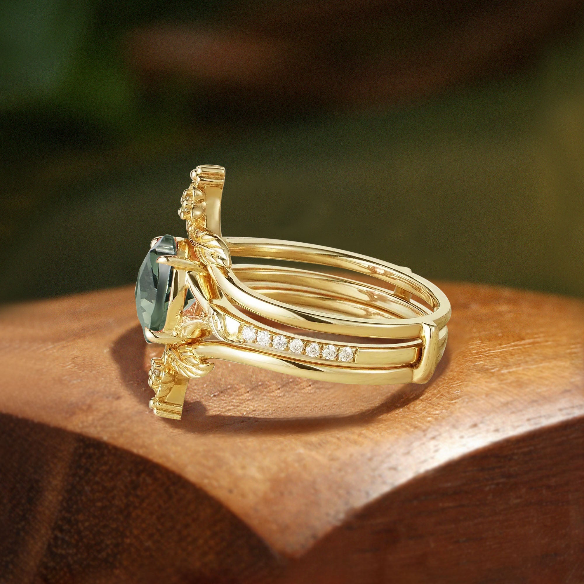 Adeline - Green Sapphire Leaf and Flower Elegance Engagement Ring Set 2pcs