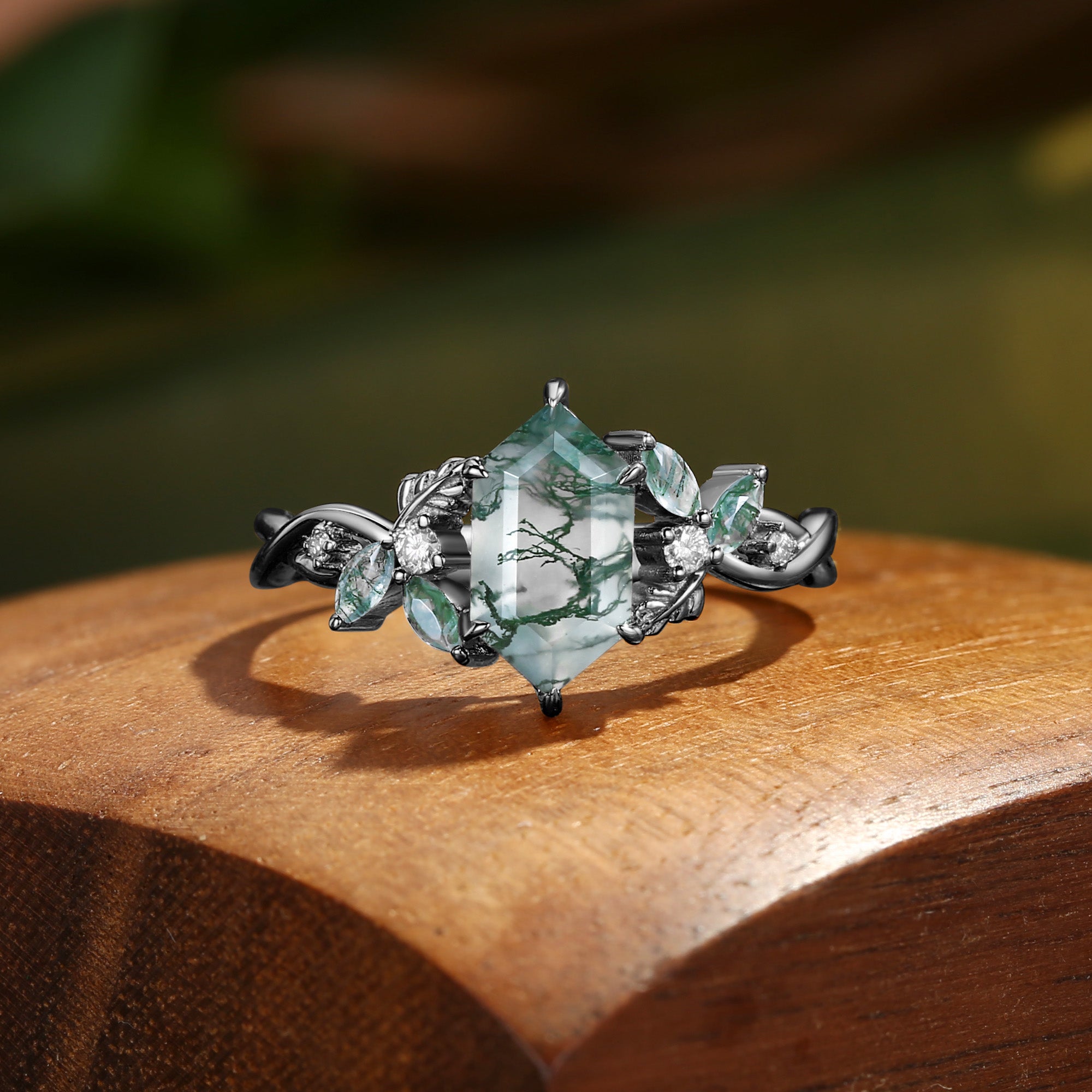 Quilina - Hexagon Cut Moss Agate Nature Inspired Engagement Ring