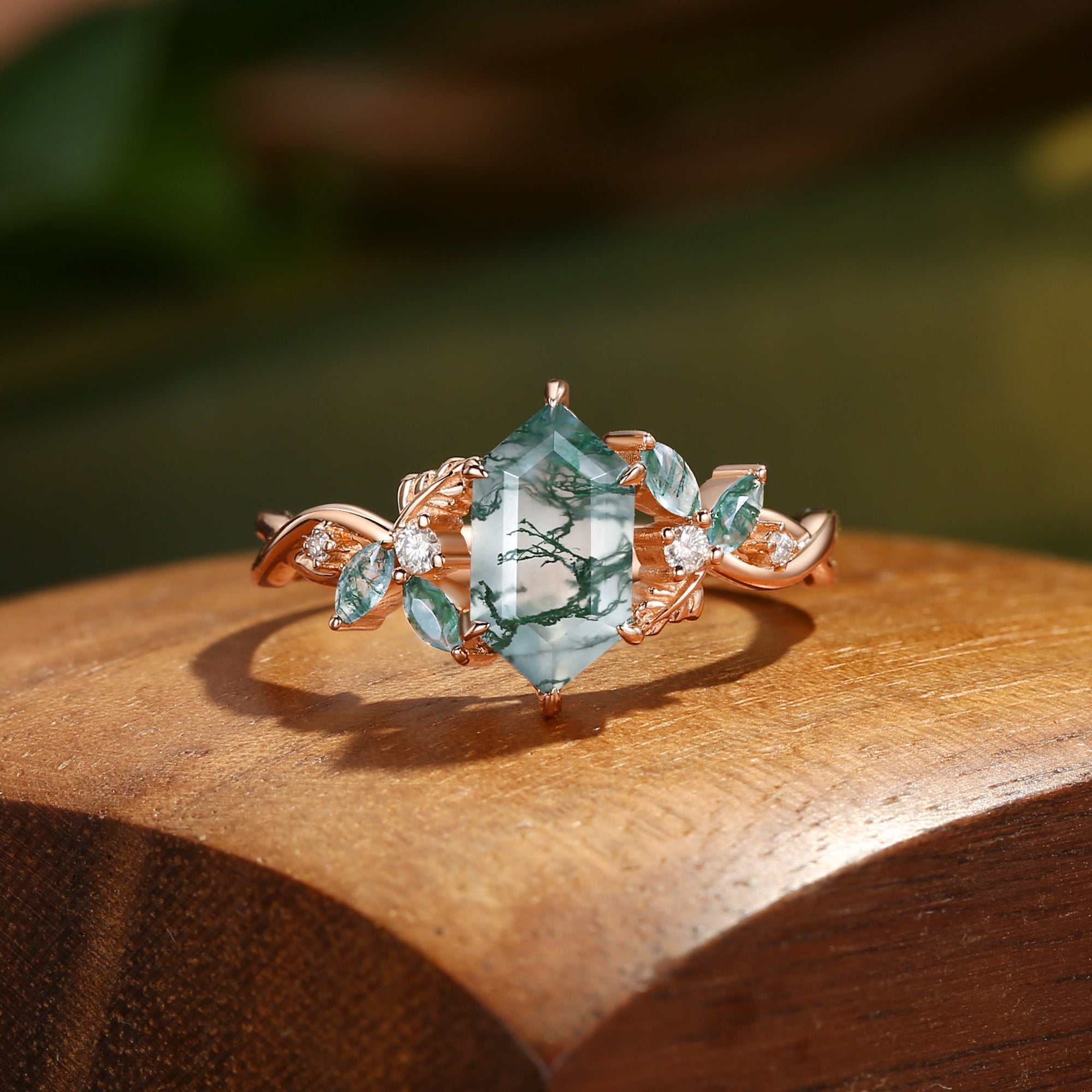 Quilina - Hexagon Cut Moss Agate Nature Inspired Engagement Ring