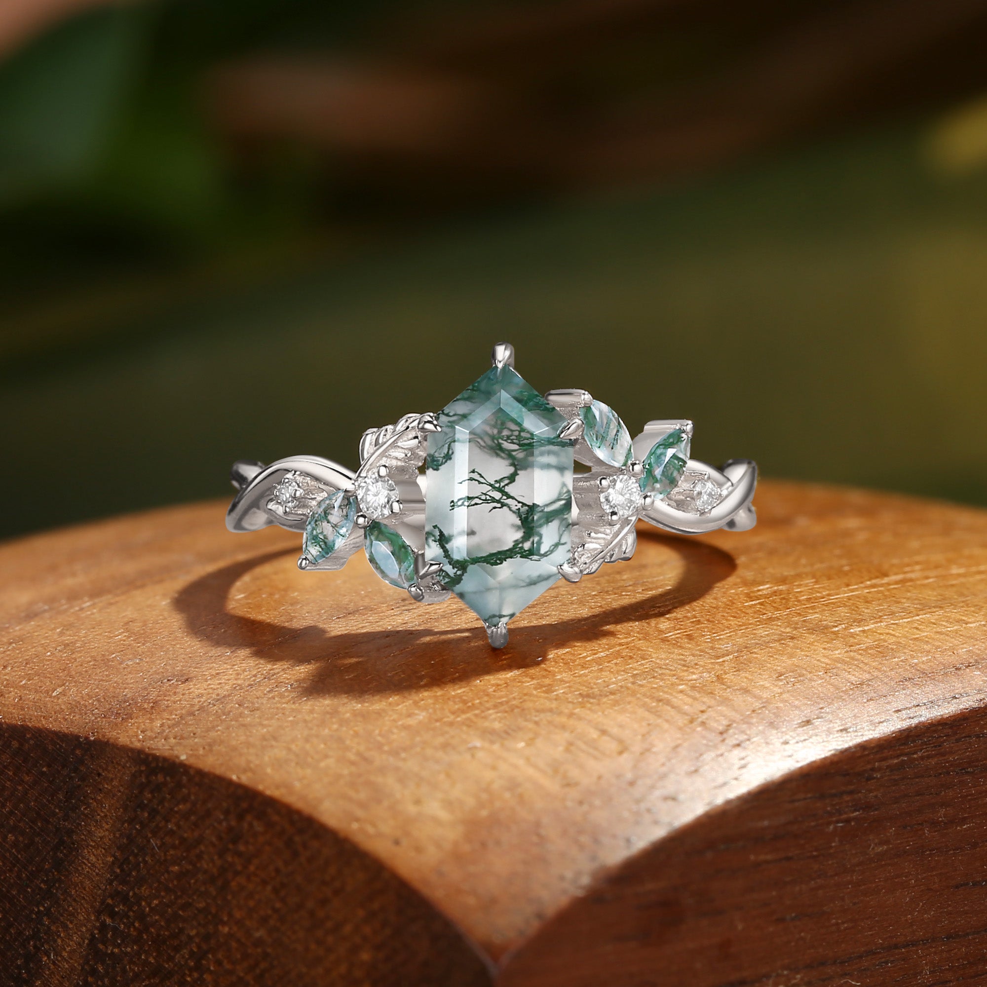 Quilina - Hexagon Cut Moss Agate Nature Inspired Engagement Ring