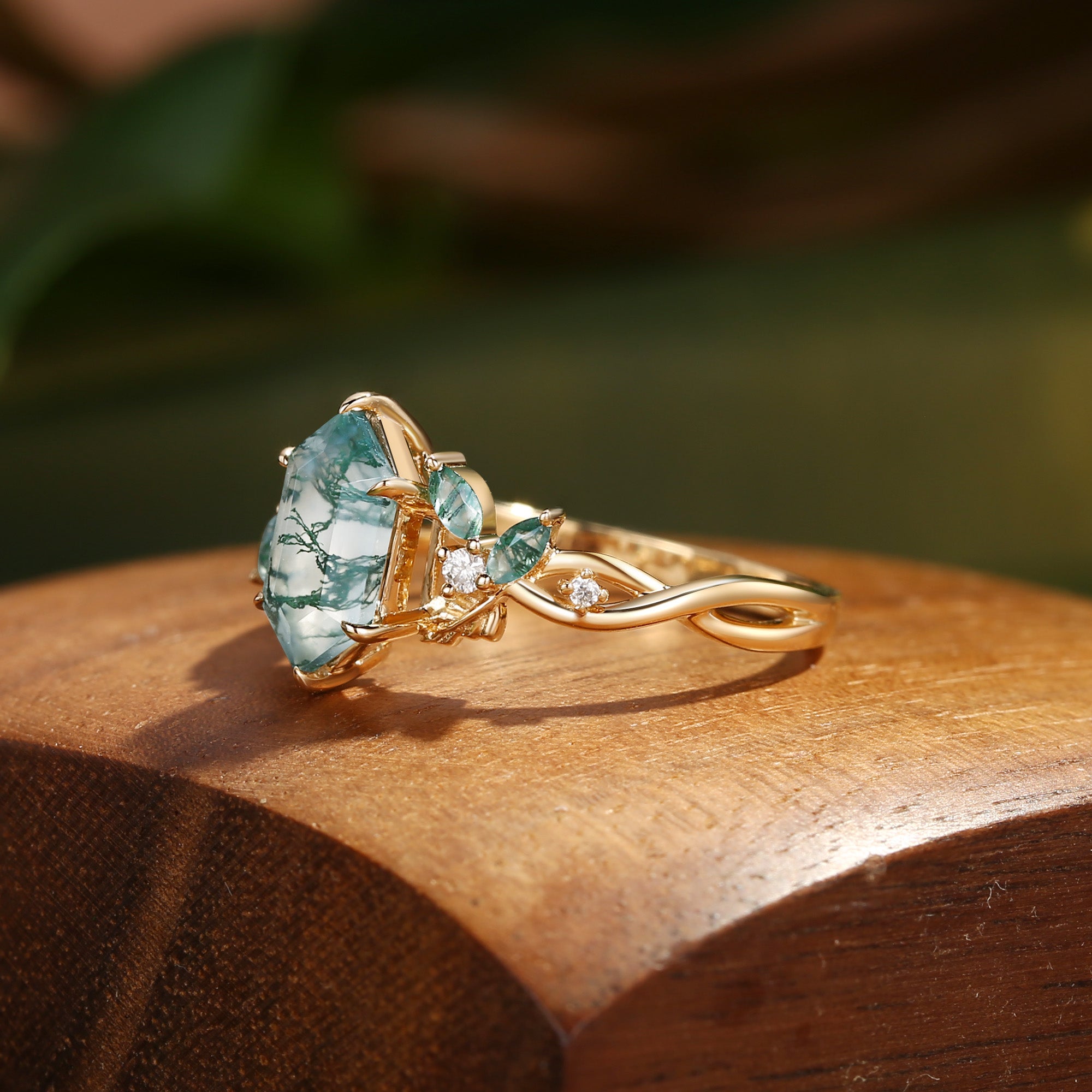 Quilina - Hexagon Cut Moss Agate Nature Inspired Engagement Ring