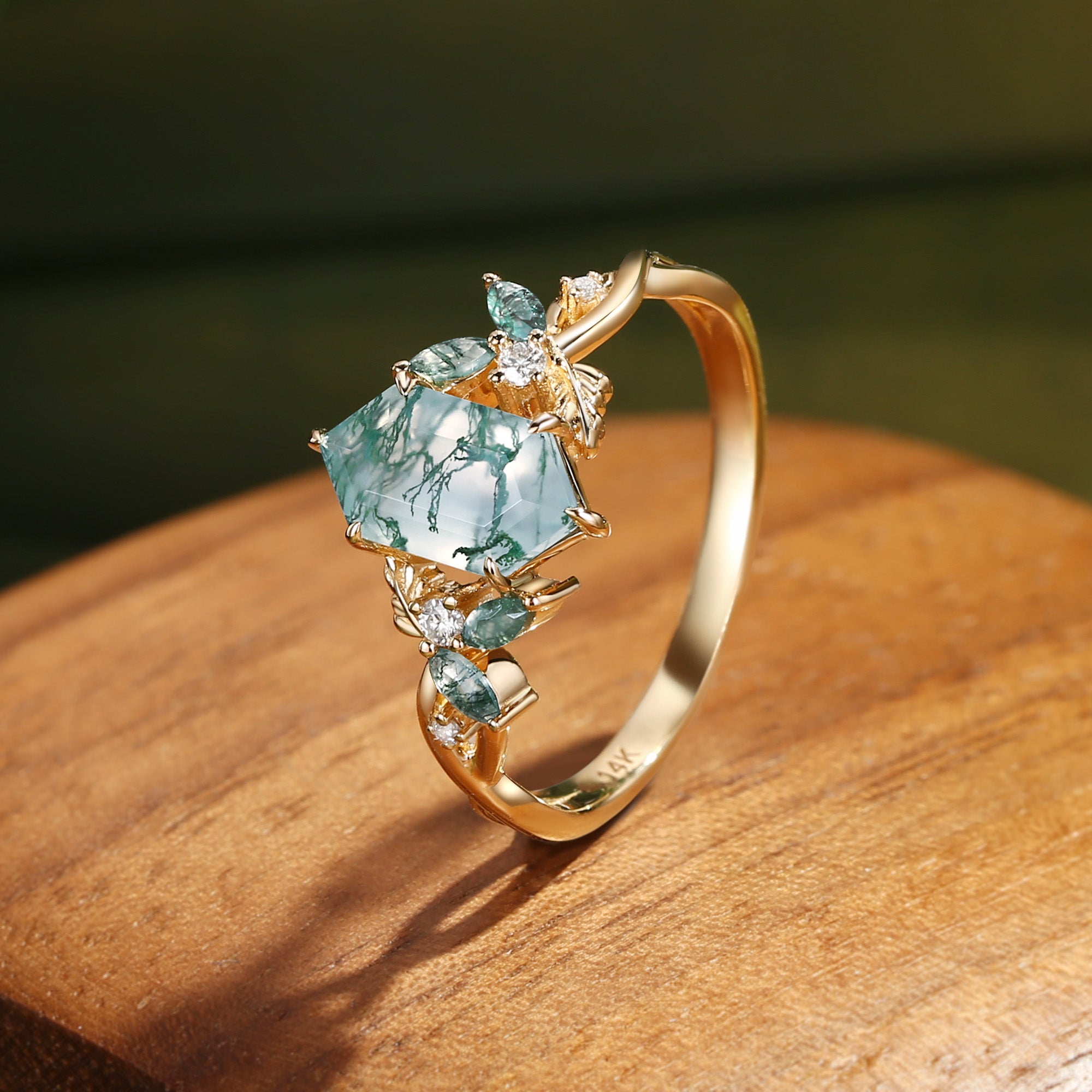Quilina - Hexagon Cut Moss Agate Nature Inspired Engagement Ring