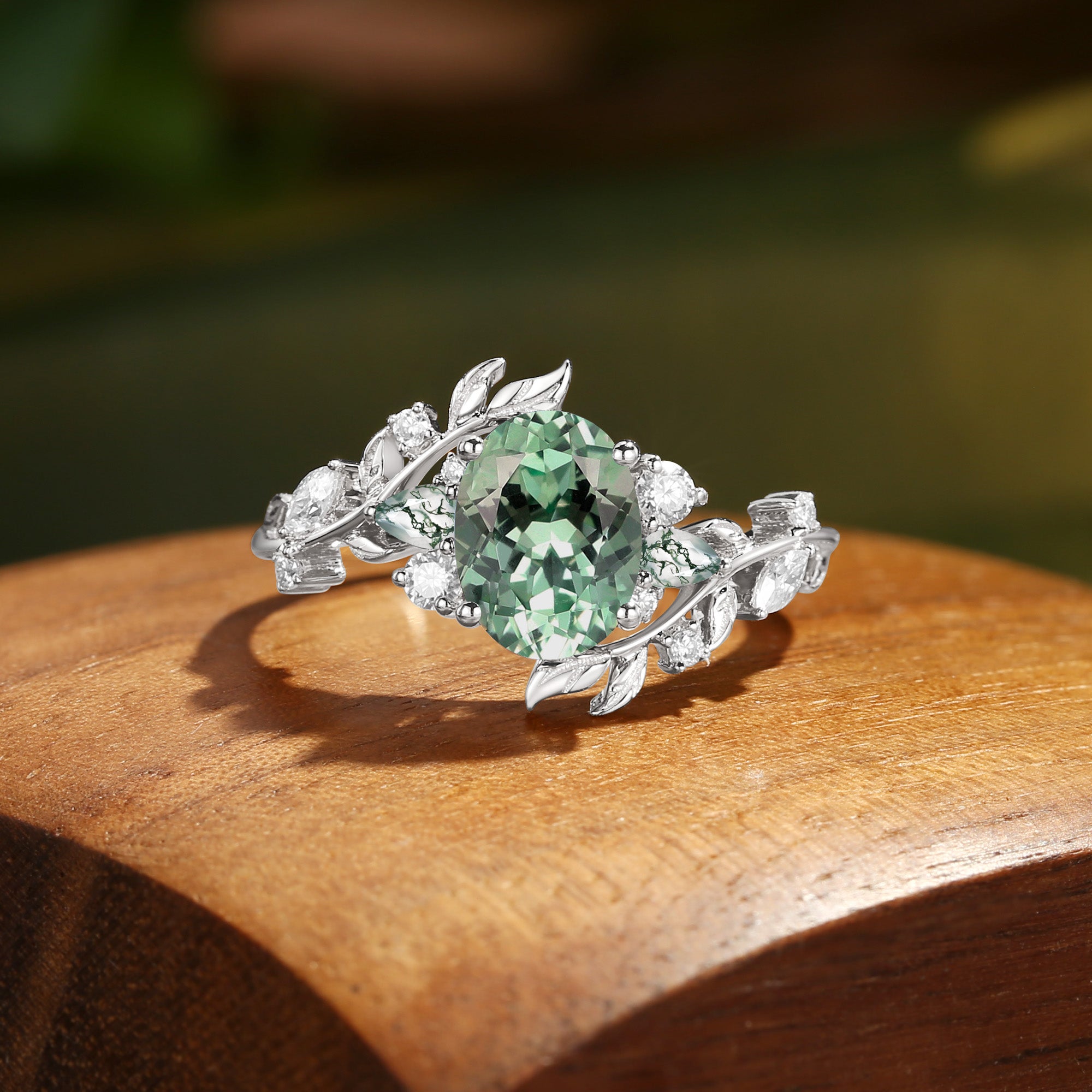 Abrielle - Oval Cut Lab Mint Green Sapphire Vine Fairytale Engagement Ring