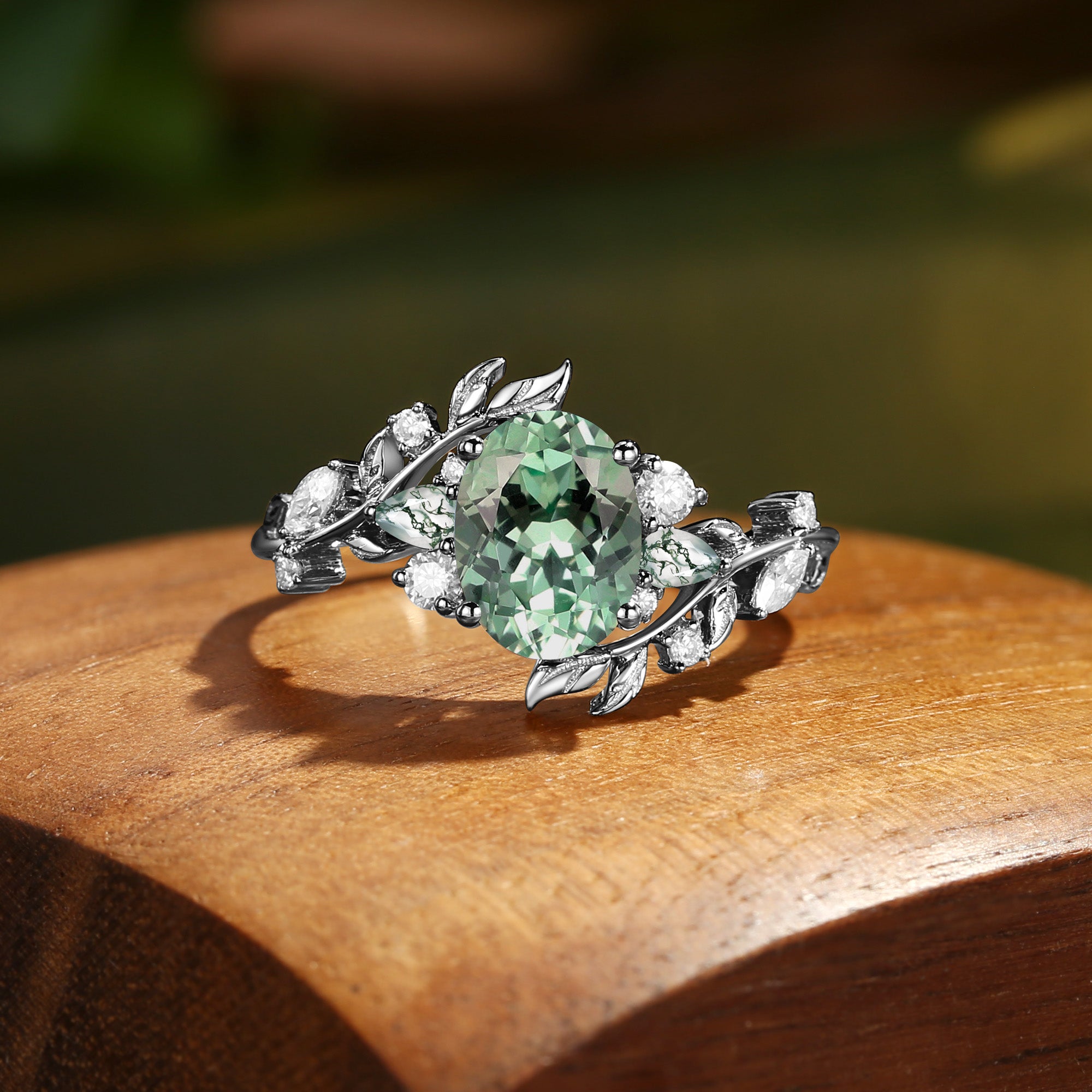 Abrielle - Oval Cut Lab Mint Green Sapphire Vine Fairytale Engagement Ring