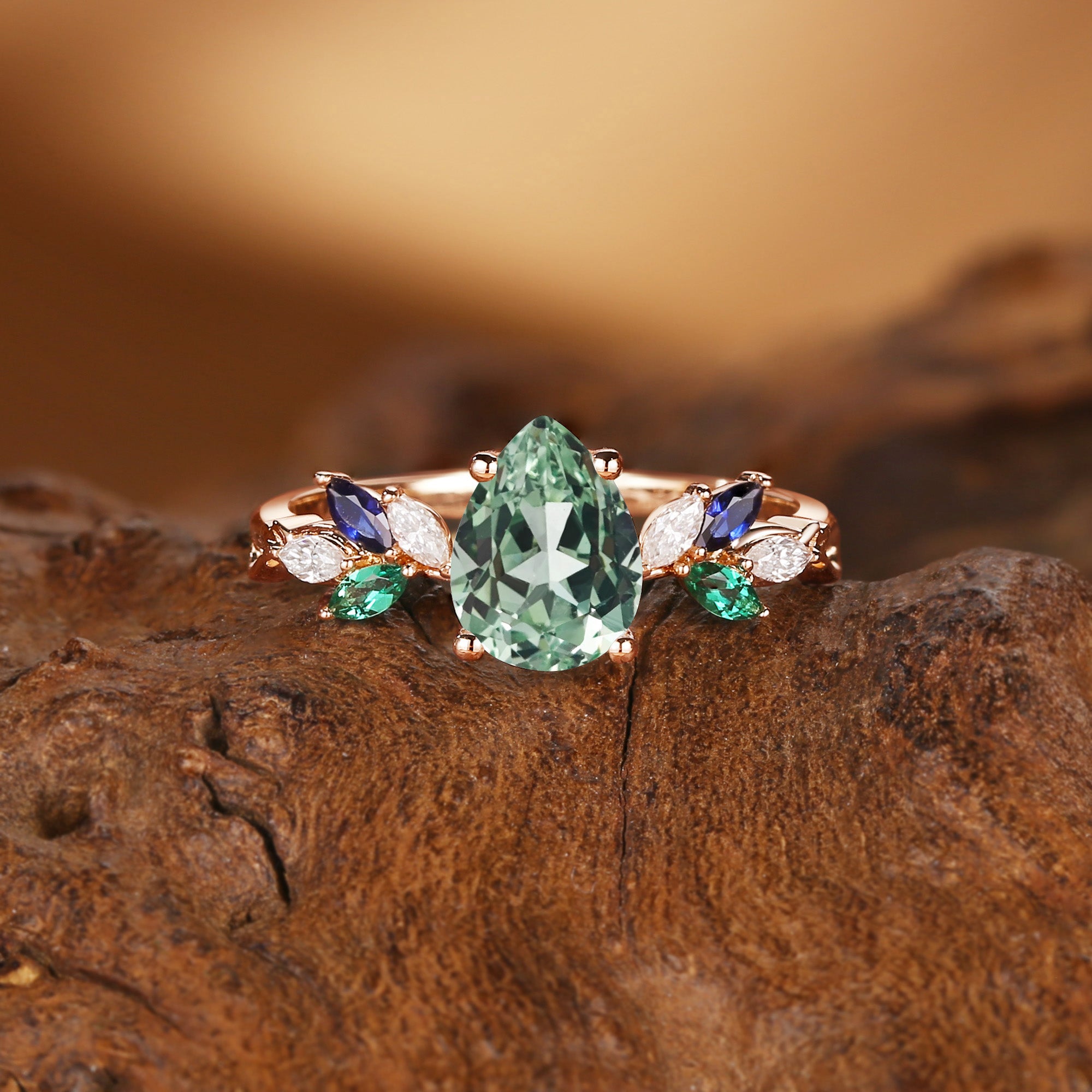 Abella - Pear Cut Mint Green Sapphire & Emerald Butterfly Engagement Ring