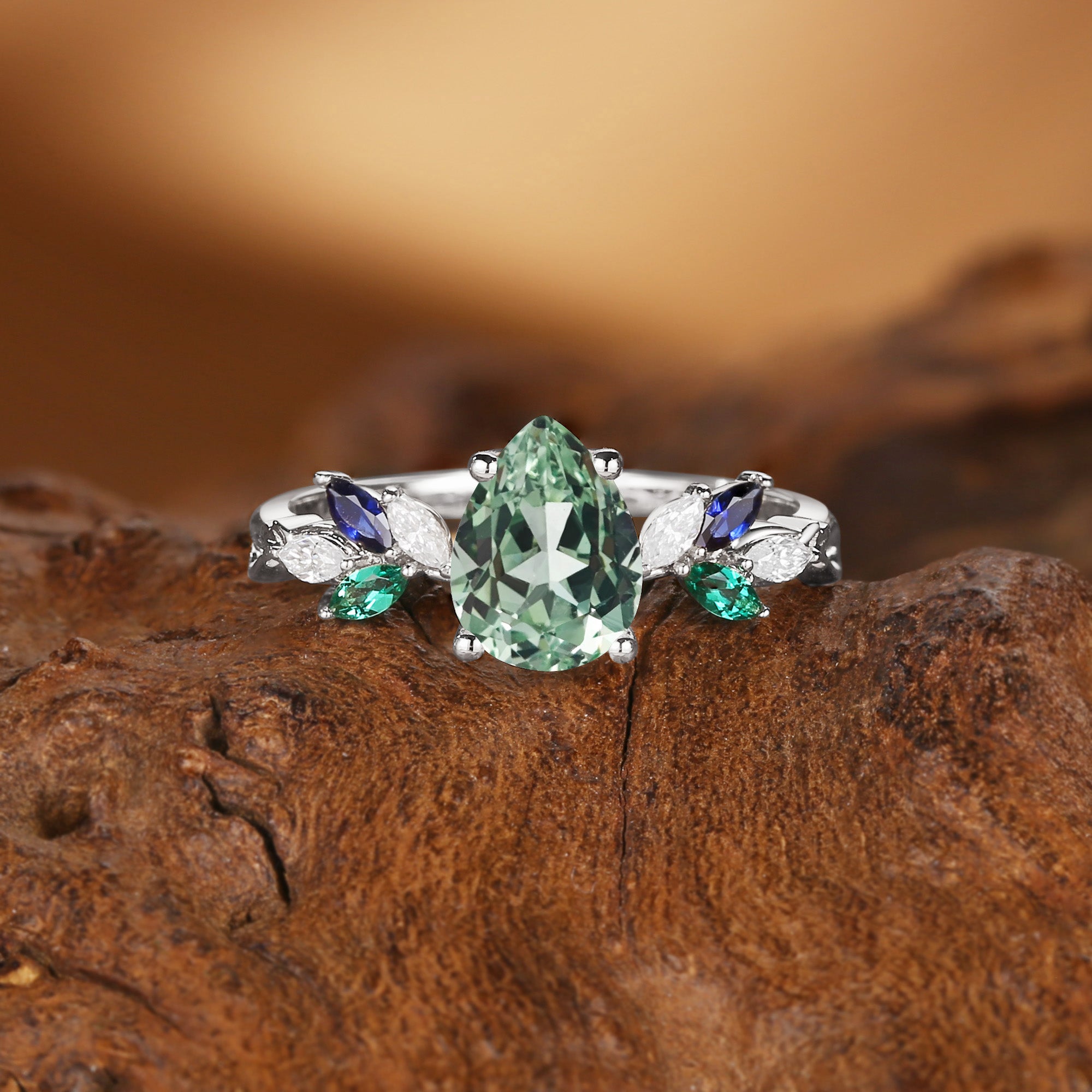 Abella - Pear Cut Mint Green Sapphire & Emerald Butterfly Engagement Ring