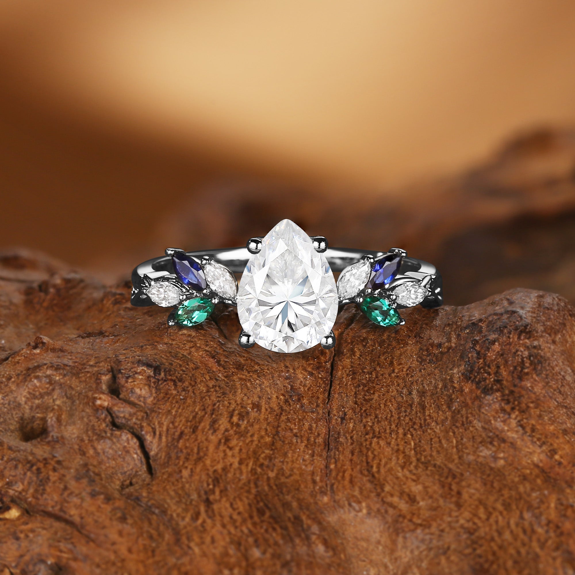 Abella - Pear Cut Moissanite & Sapphire & Emerald Butterfly Engagement Ring