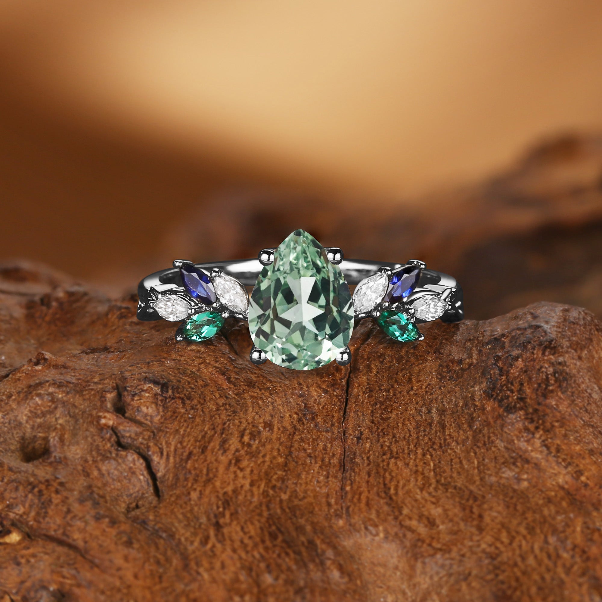 Abella - Pear Cut Mint Green Sapphire & Emerald Butterfly Engagement Ring