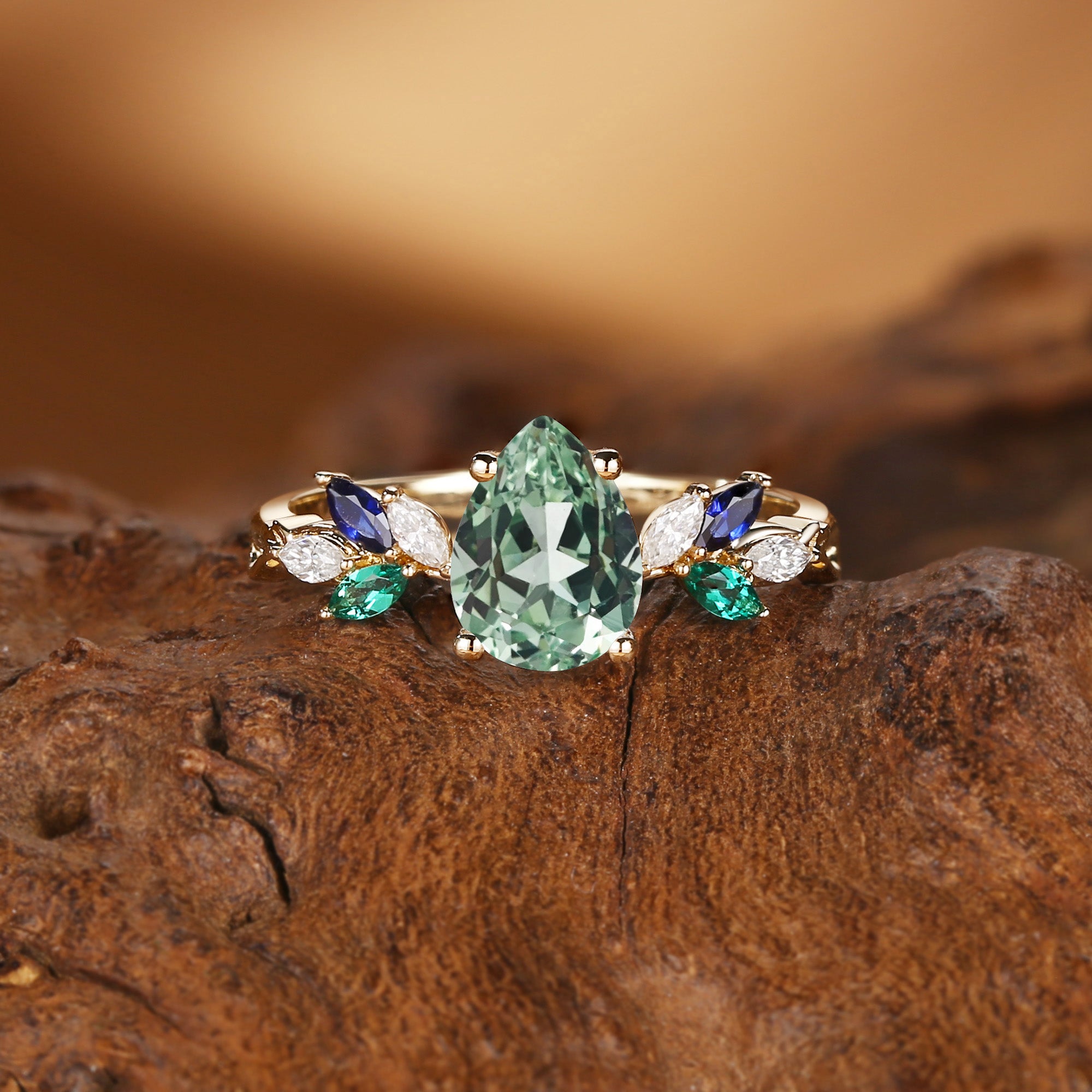 Abella - Pear Cut Mint Green Sapphire & Emerald Butterfly Engagement Ring