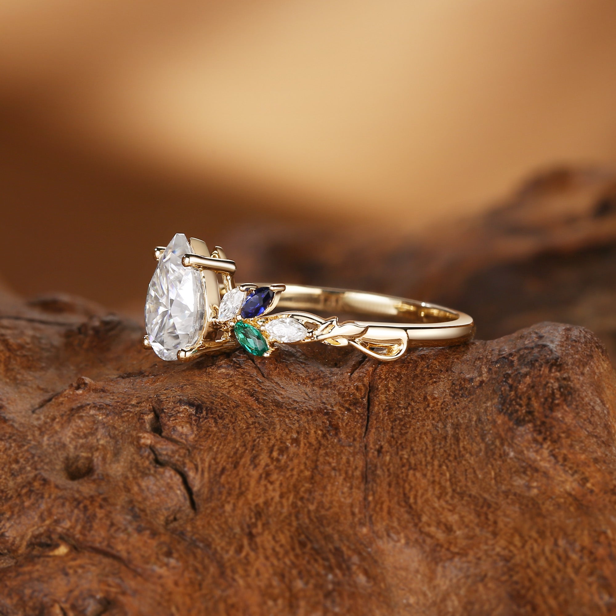 Abella - Pear Cut Moissanite & Sapphire & Emerald Butterfly Engagement Ring