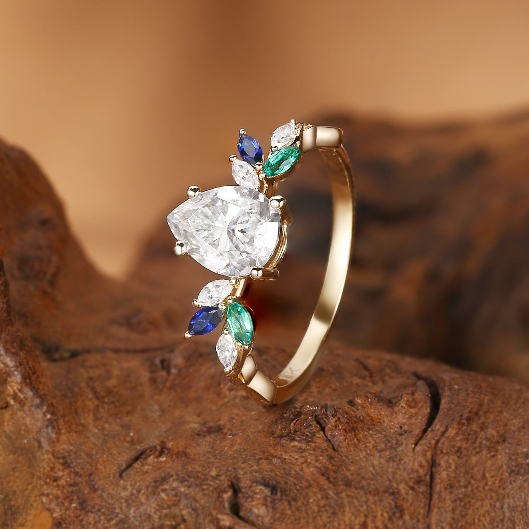 Abella - Pear Cut Moissanite & Sapphire & Emerald Butterfly Engagement Ring