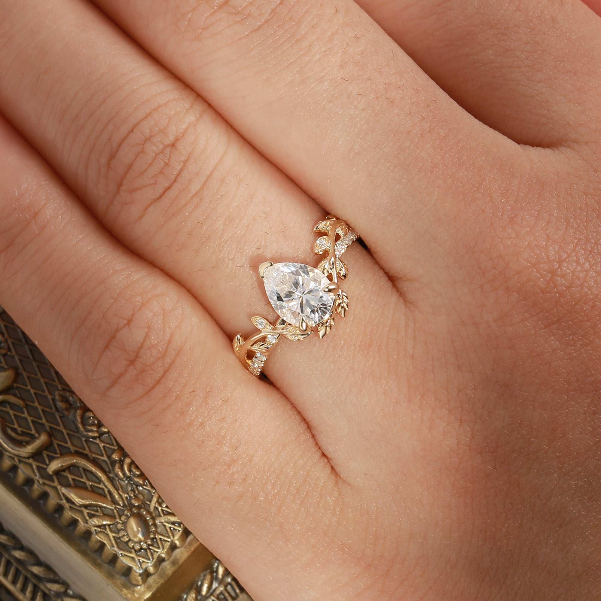 Jora - Pear Cut Moissanite Vine Inspired Leafy Engagement Ring