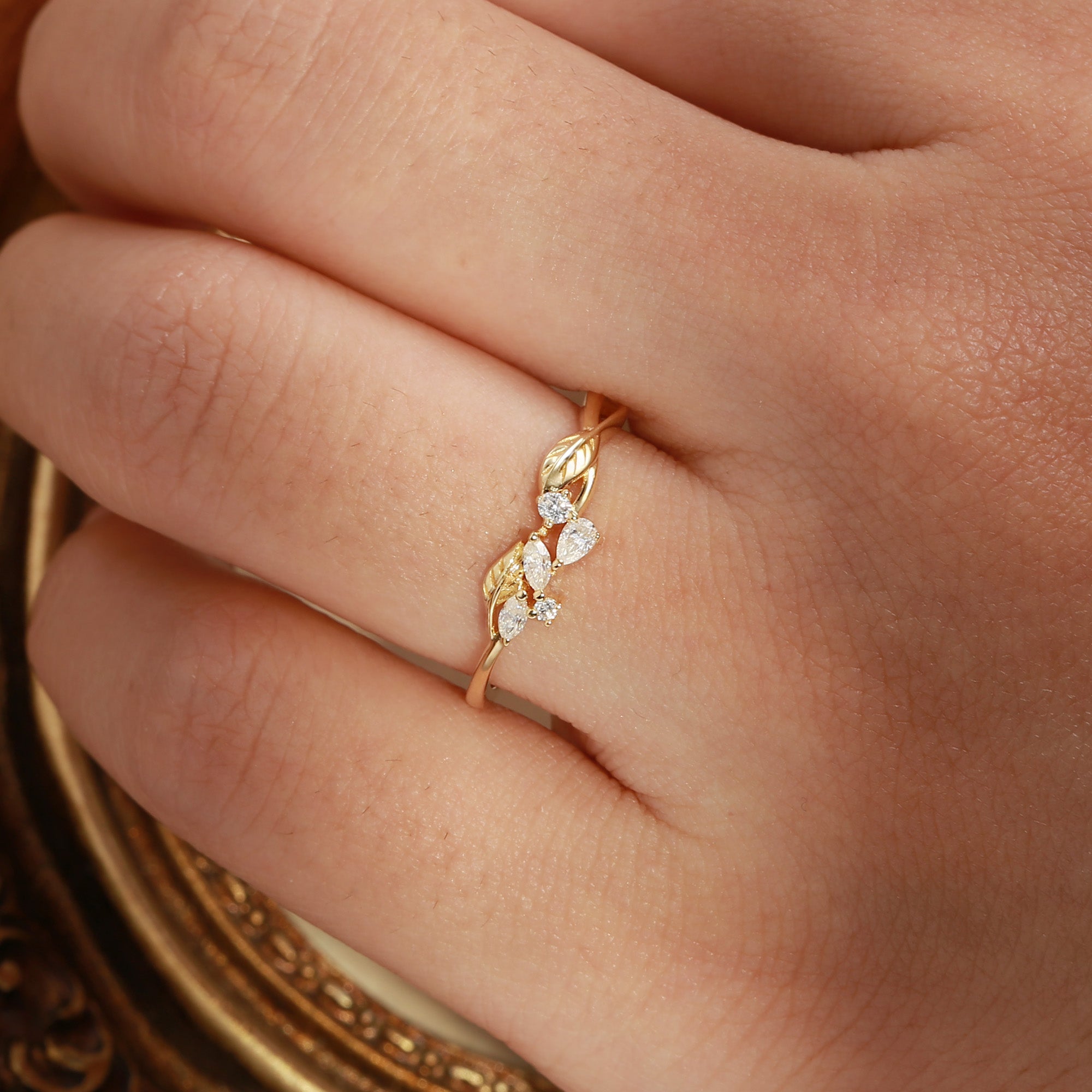 Leaf Design Pear Moissanite Cluster Wedding Band