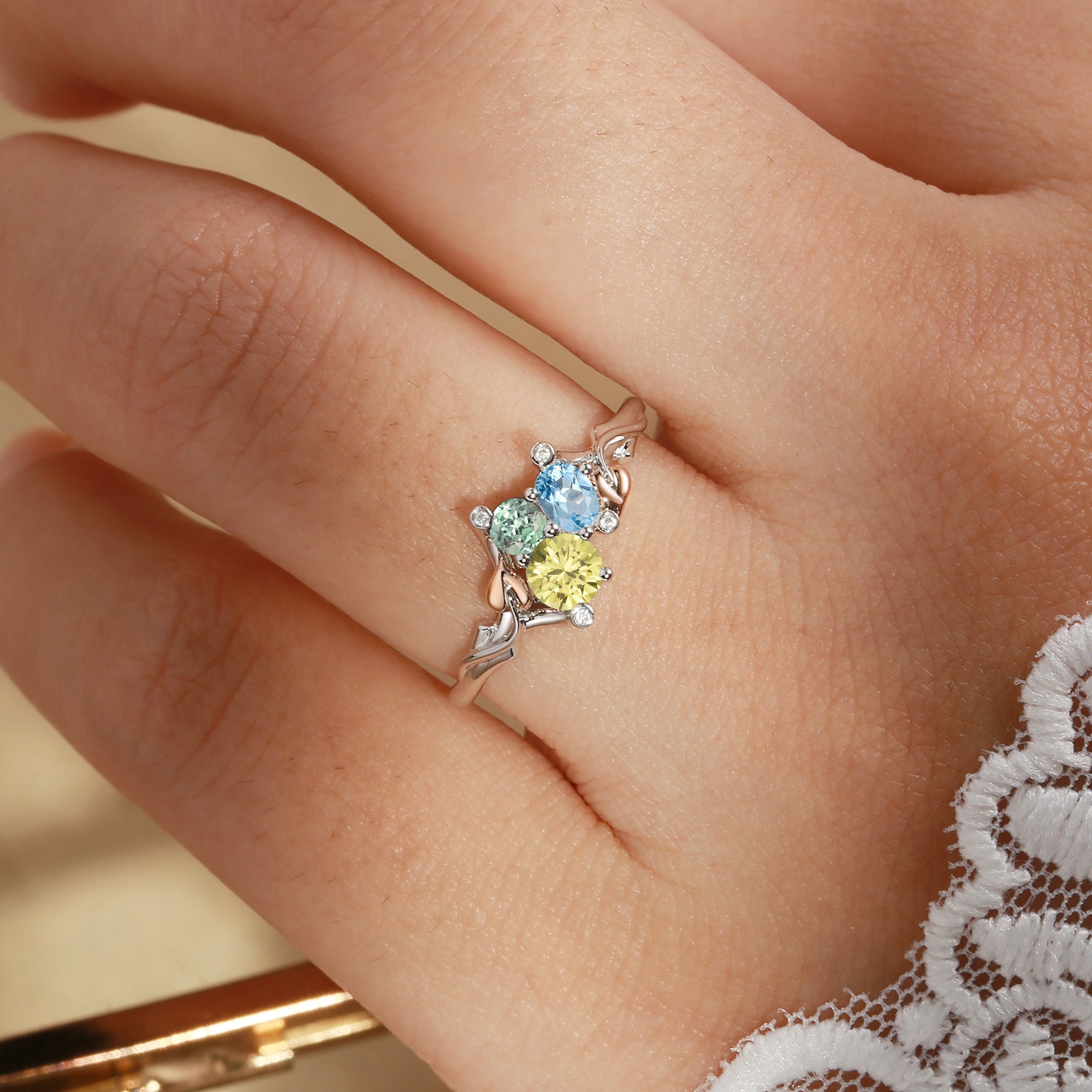 Clover - Three Stone Aquamarine & Yellow Sapphire & Green Sapphire Leaf Engagement Ring