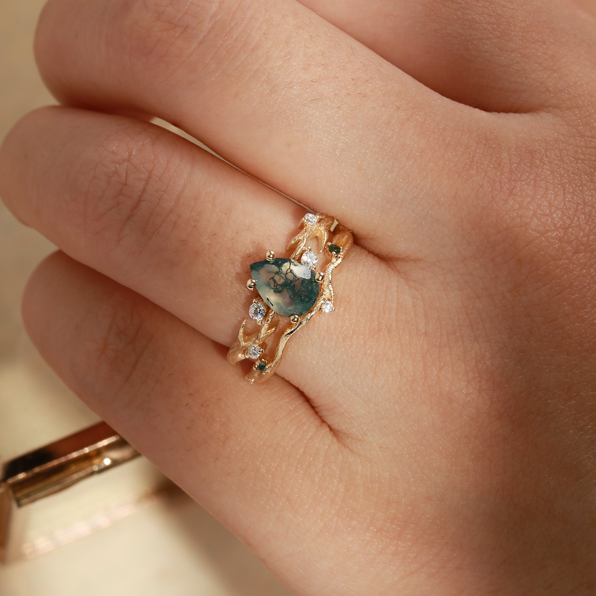 Camellia - Pear Cut Moss Agate Branch Leafy Bridal Set 2pcs