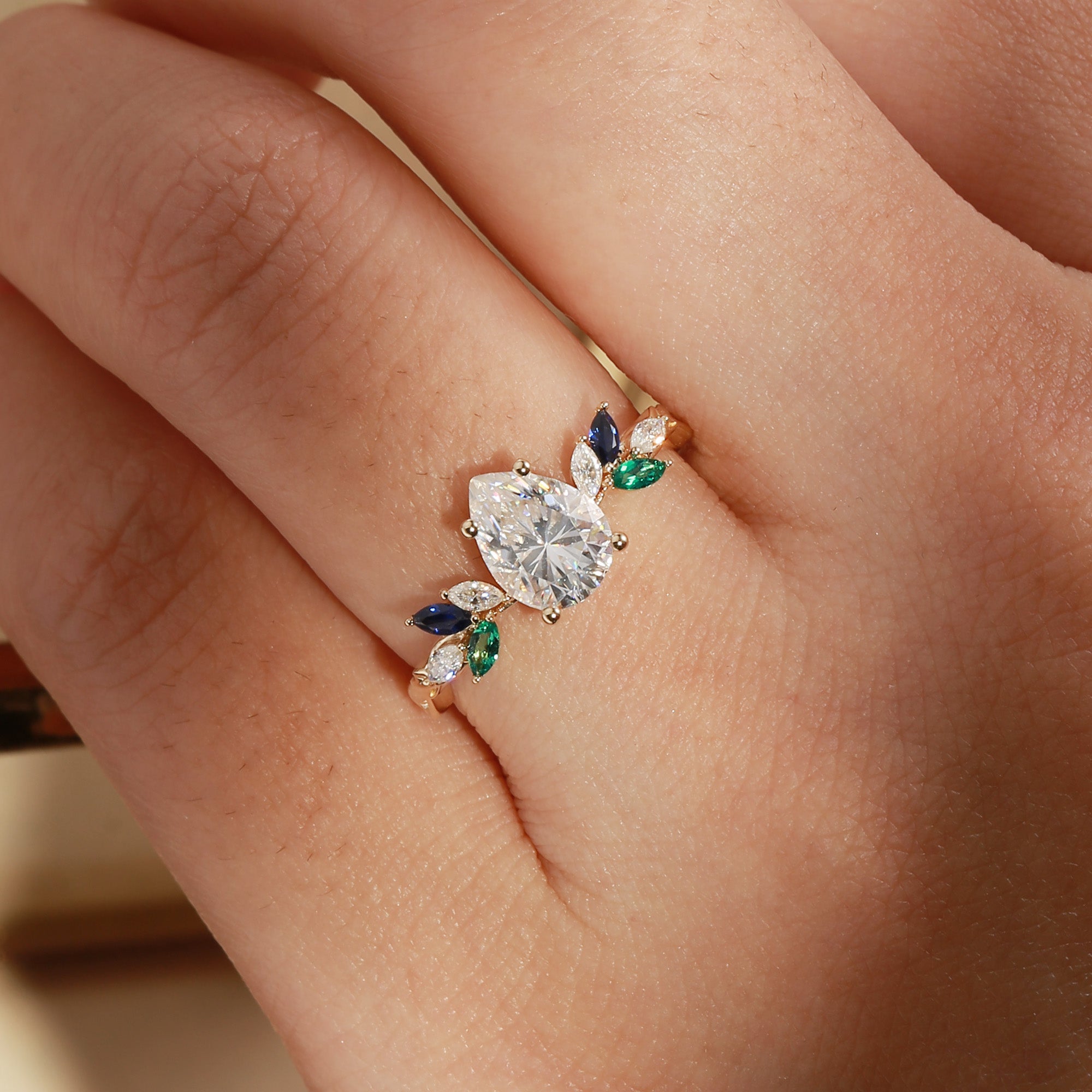 Abella - Pear Cut Moissanite & Sapphire & Emerald Butterfly Engagement Ring