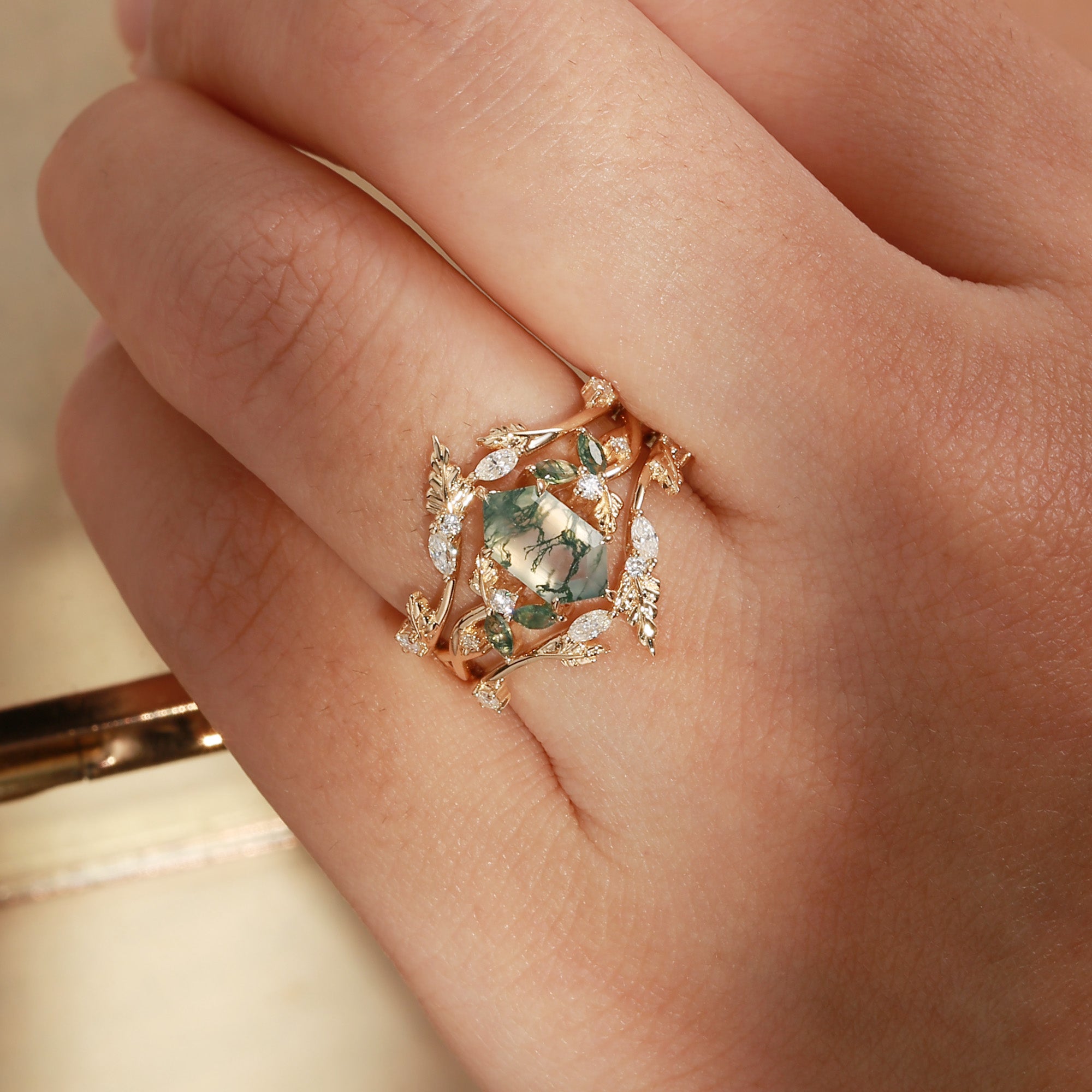 Quilina - Hexagon Cut Moss Agate Oak Nature Inspired Enhancer Ring 2pcs