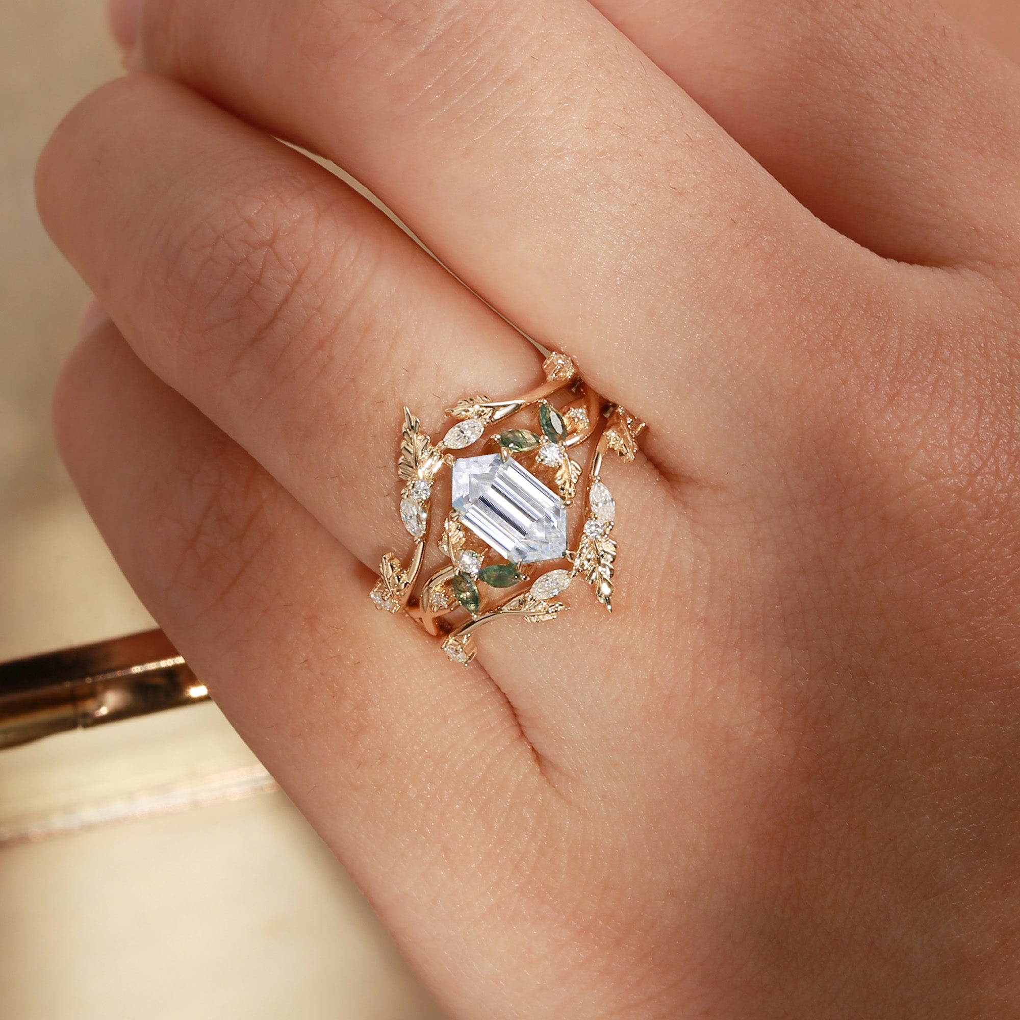 Quilina - Hexagon Cut Moissanite Oak Nature Inspired Enhancer Ring 2pcs