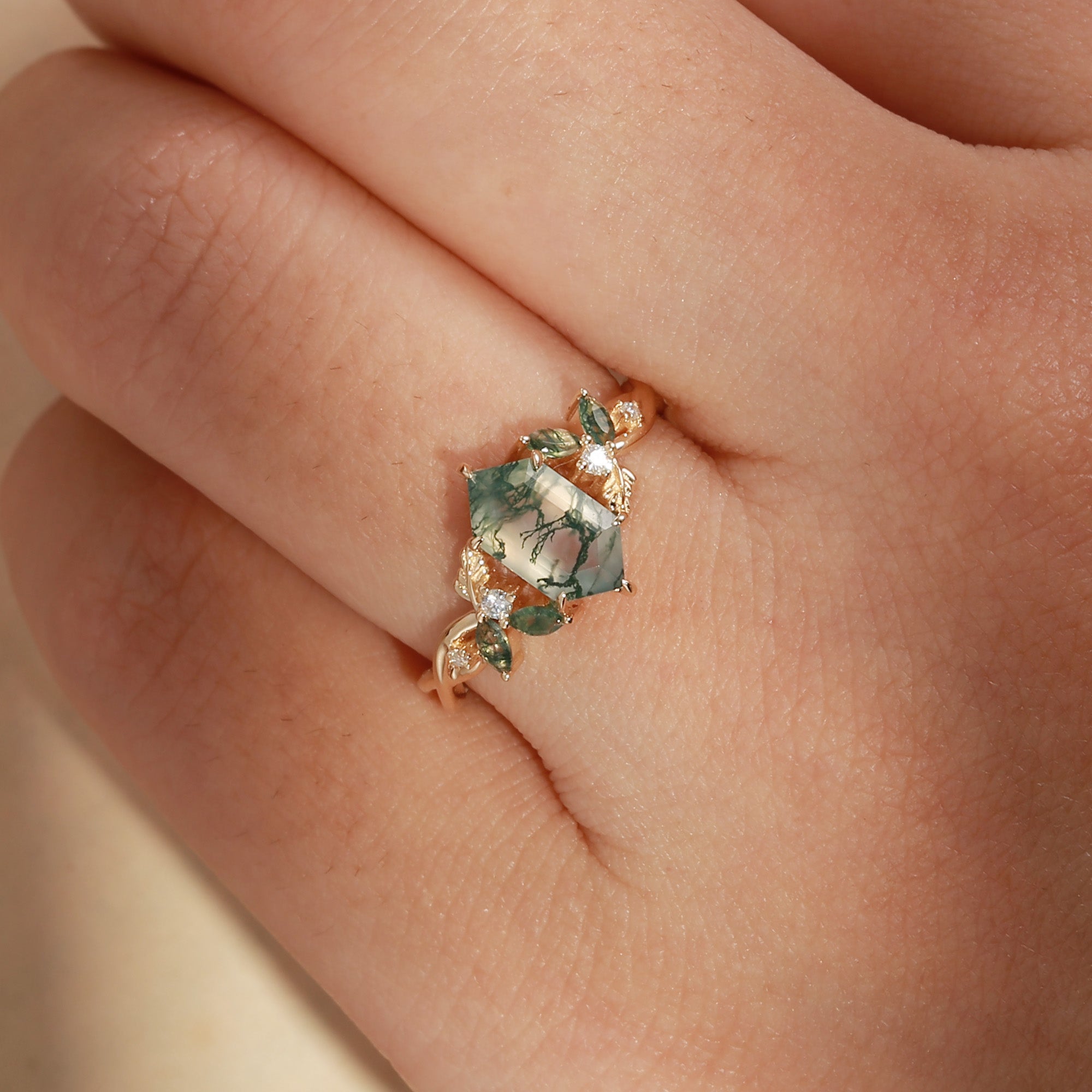 Quilina - Hexagon Cut Moss Agate Nature Inspired Engagement Ring