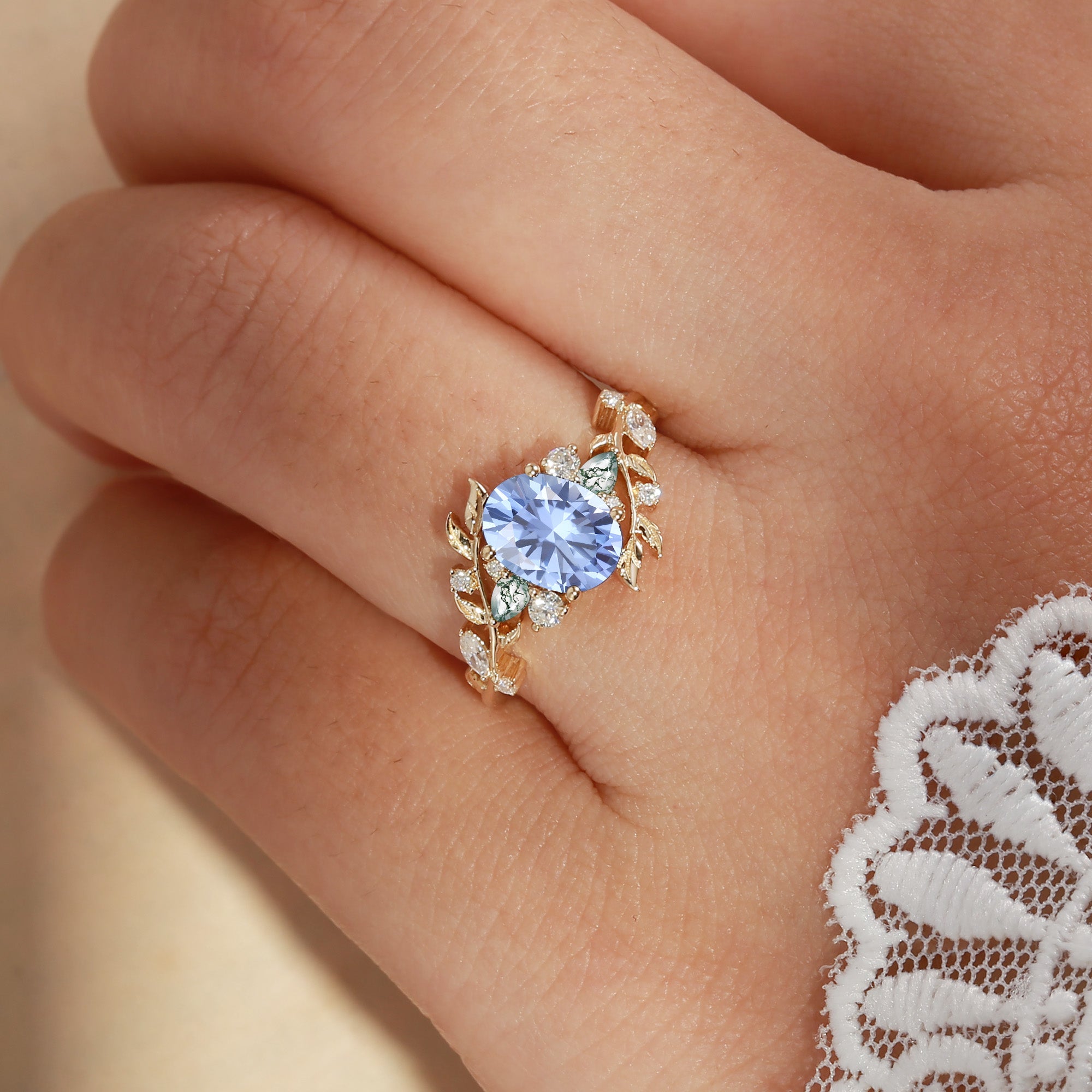 Abrielle - Oval Cut Lab Cornflower Blue Sapphire Vine Fairytale Engagement Ring