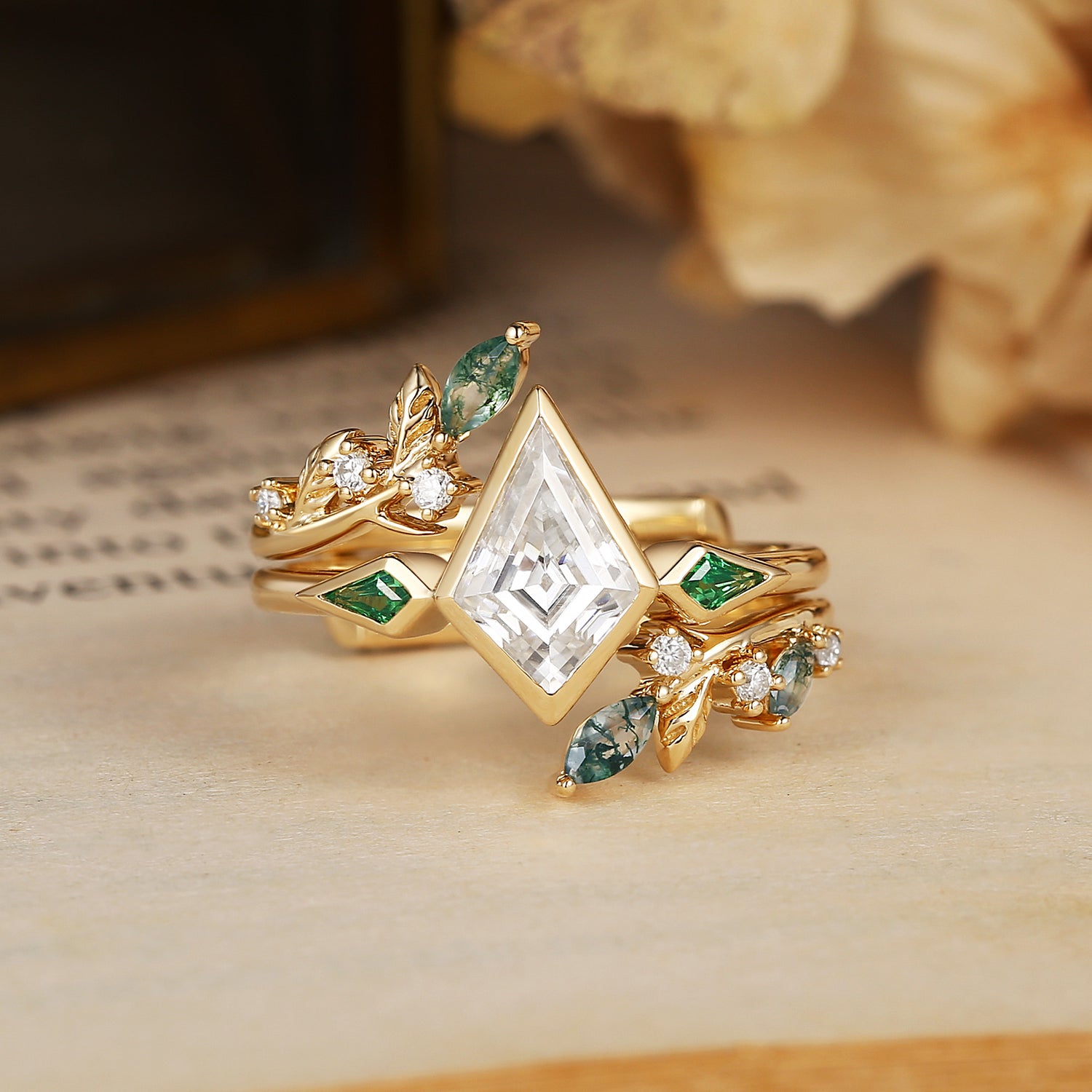 Sylvia - Kite Cut Moissanite & Leaf Moss Agate Bridal Sets 2pcs