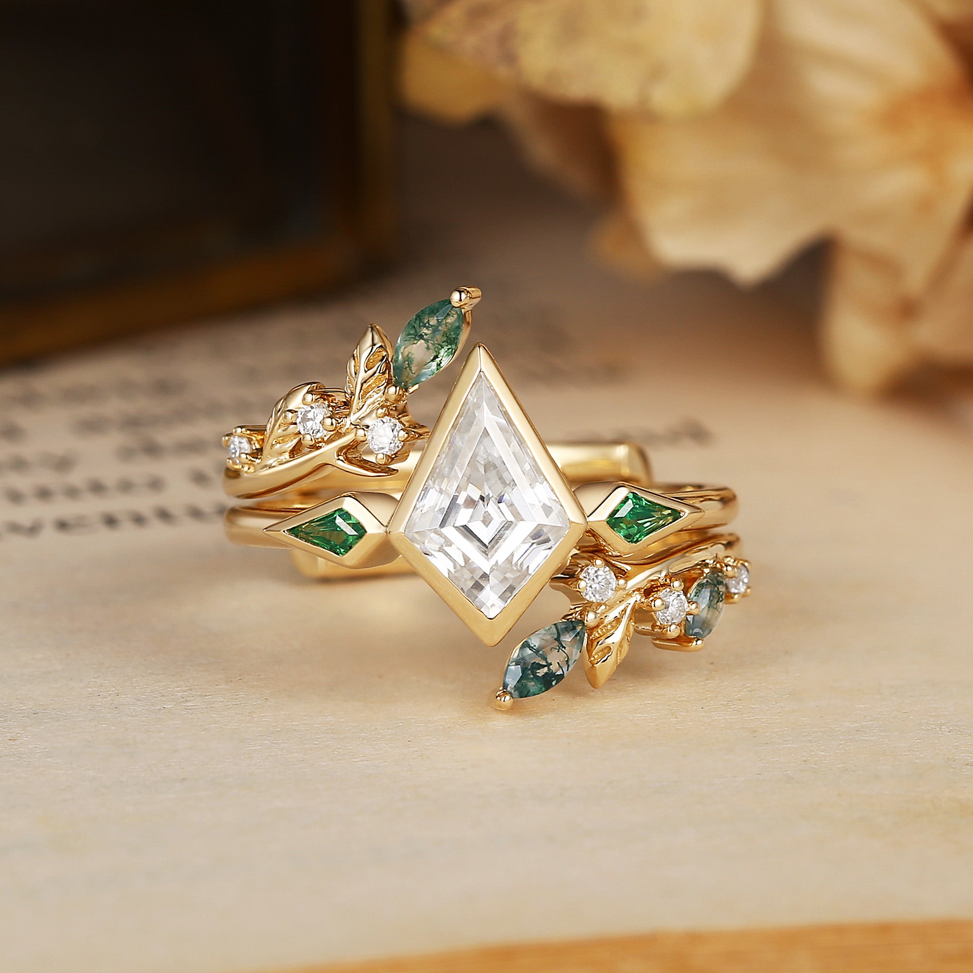 Sylvia - Kite Cut Moissanite & Leaf Moss Agate Bridal Sets 2pcs