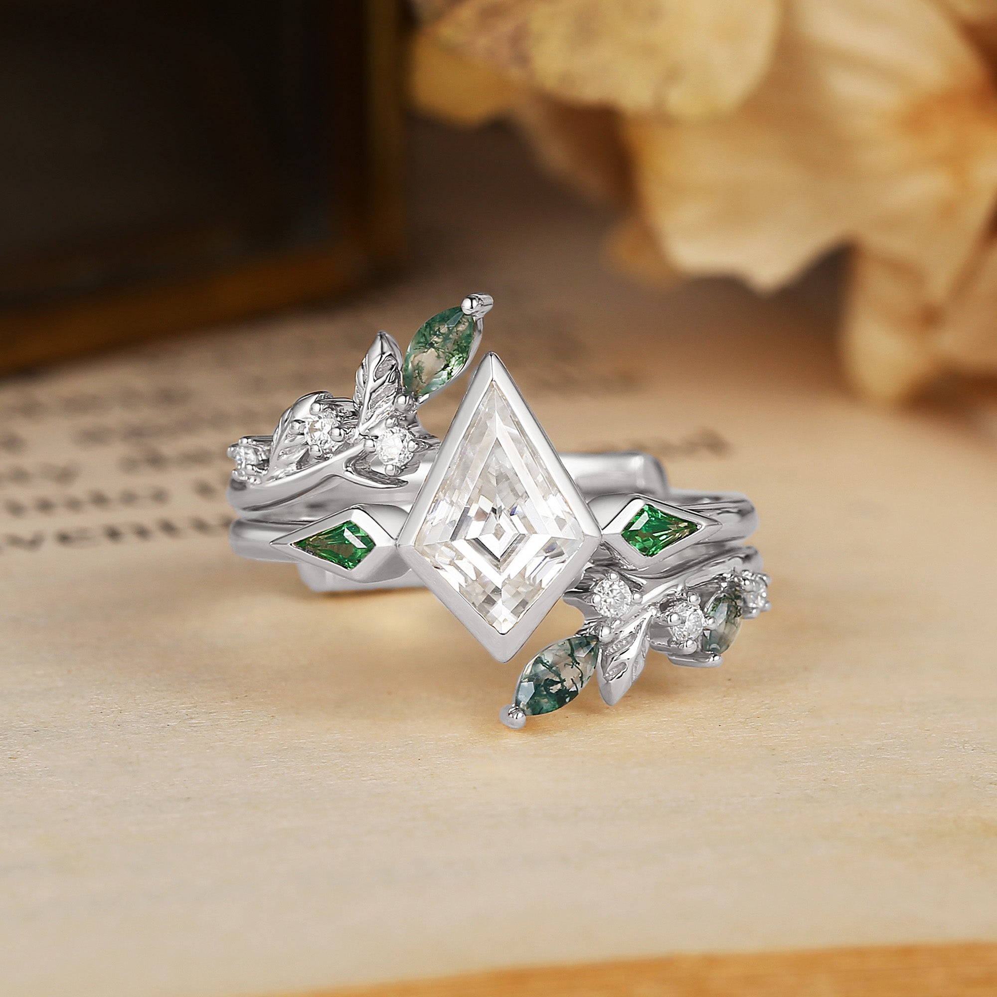 Sylvia - Kite Cut Moissanite & Leaf Moss Agate Bridal Sets 2pcs