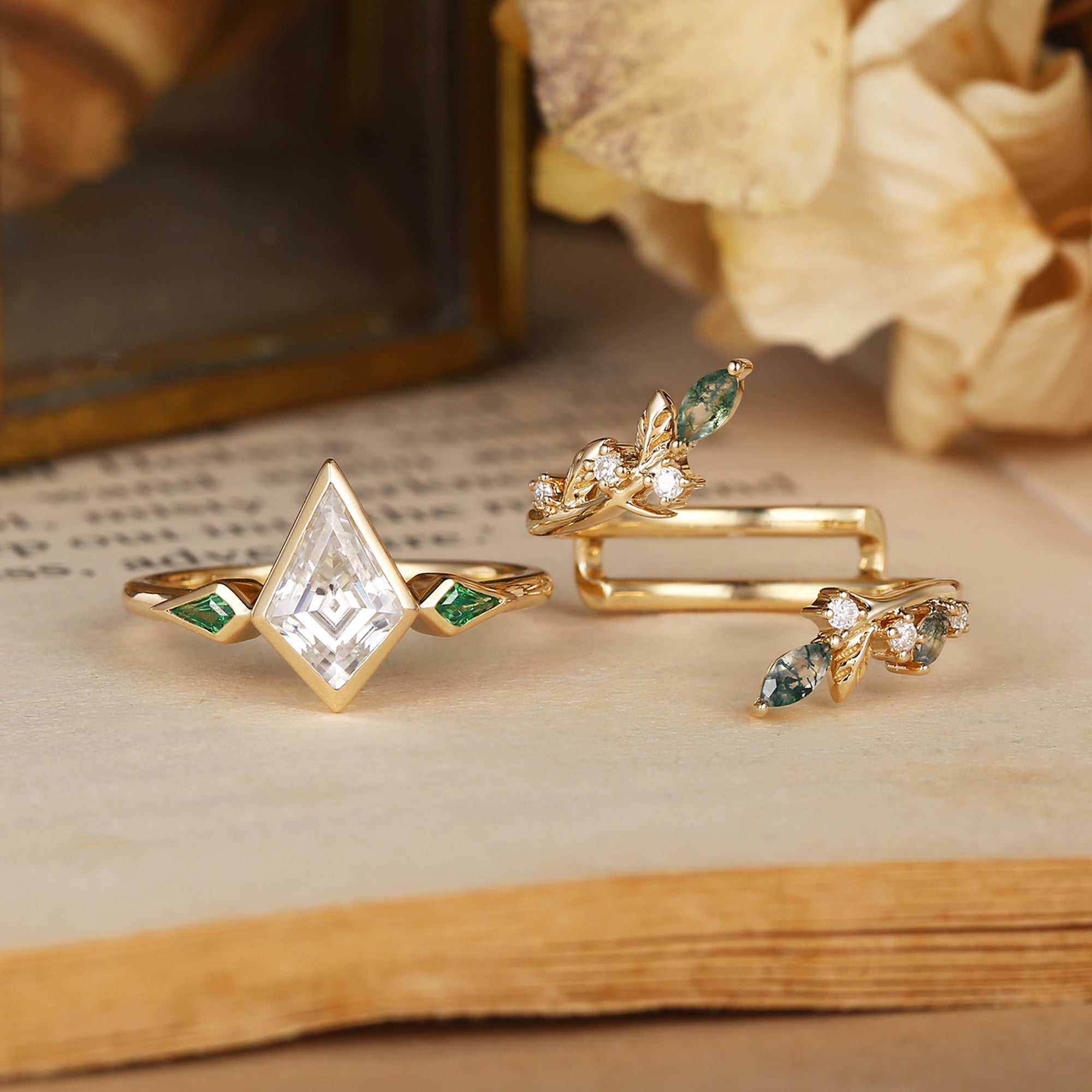 Sylvia - Kite Cut Moissanite & Leaf Moss Agate Bridal Sets 2pcs