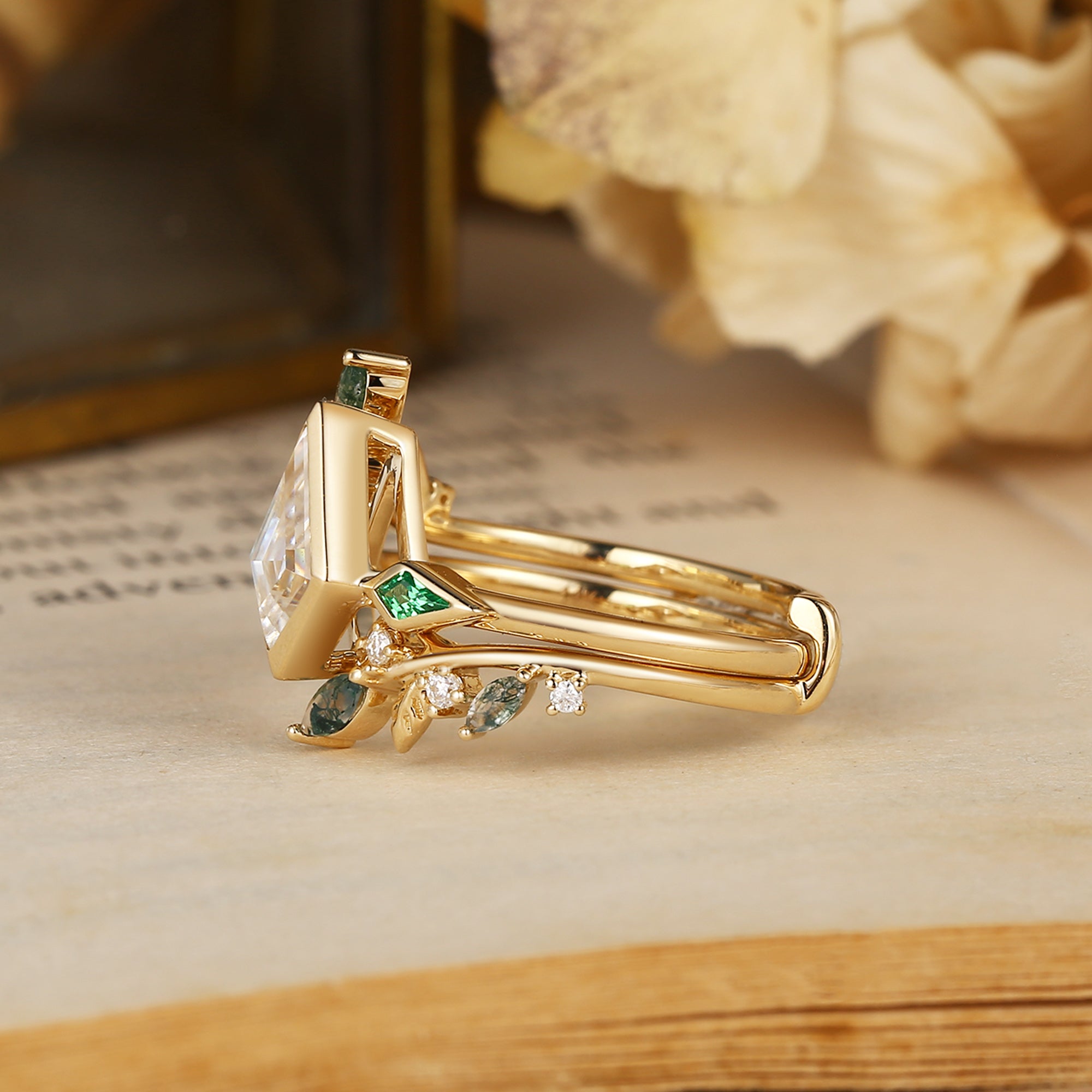 Sylvia - Kite Cut Moissanite & Leaf Moss Agate Bridal Sets 2pcs