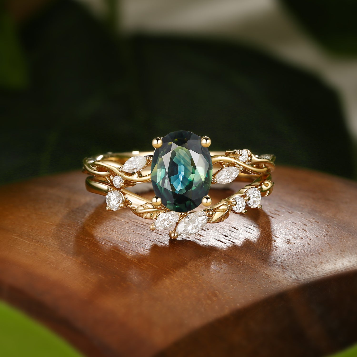 Coralie - Natural Blue Green Sapphire Leaf Engagement Ring Set 2pcs