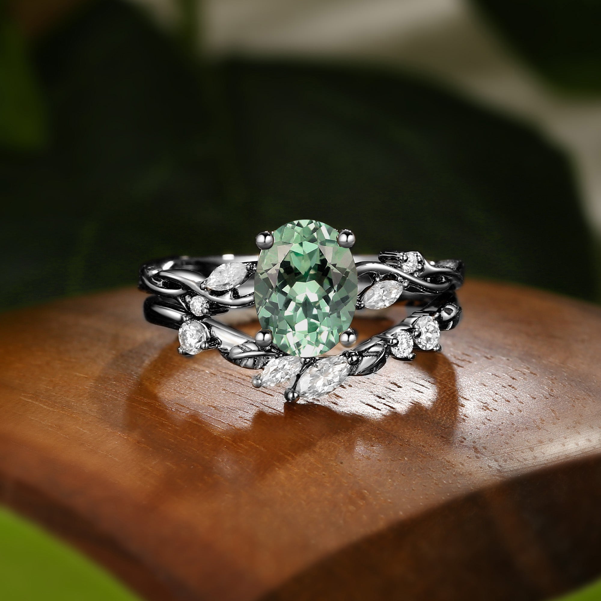 Coralie - Lab Mint Green Sapphire Leaf Engagement Ring Set 2pcs