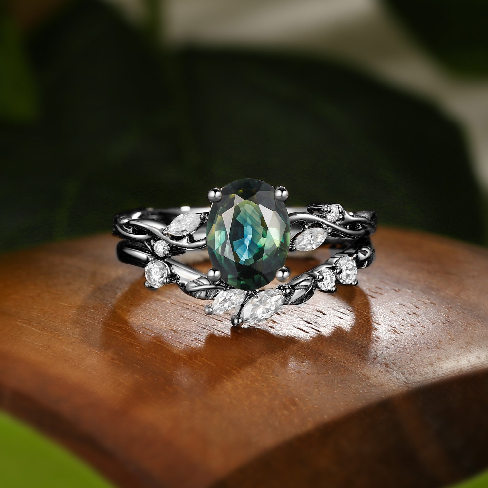 Coralie - Natural Blue Green Sapphire Leaf Engagement Ring Set 2pcs