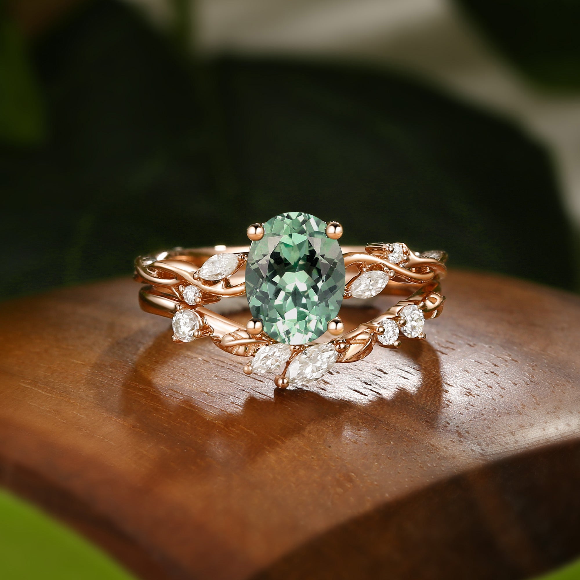 Coralie - Lab Mint Green Sapphire Leaf Engagement Ring Set 2pcs