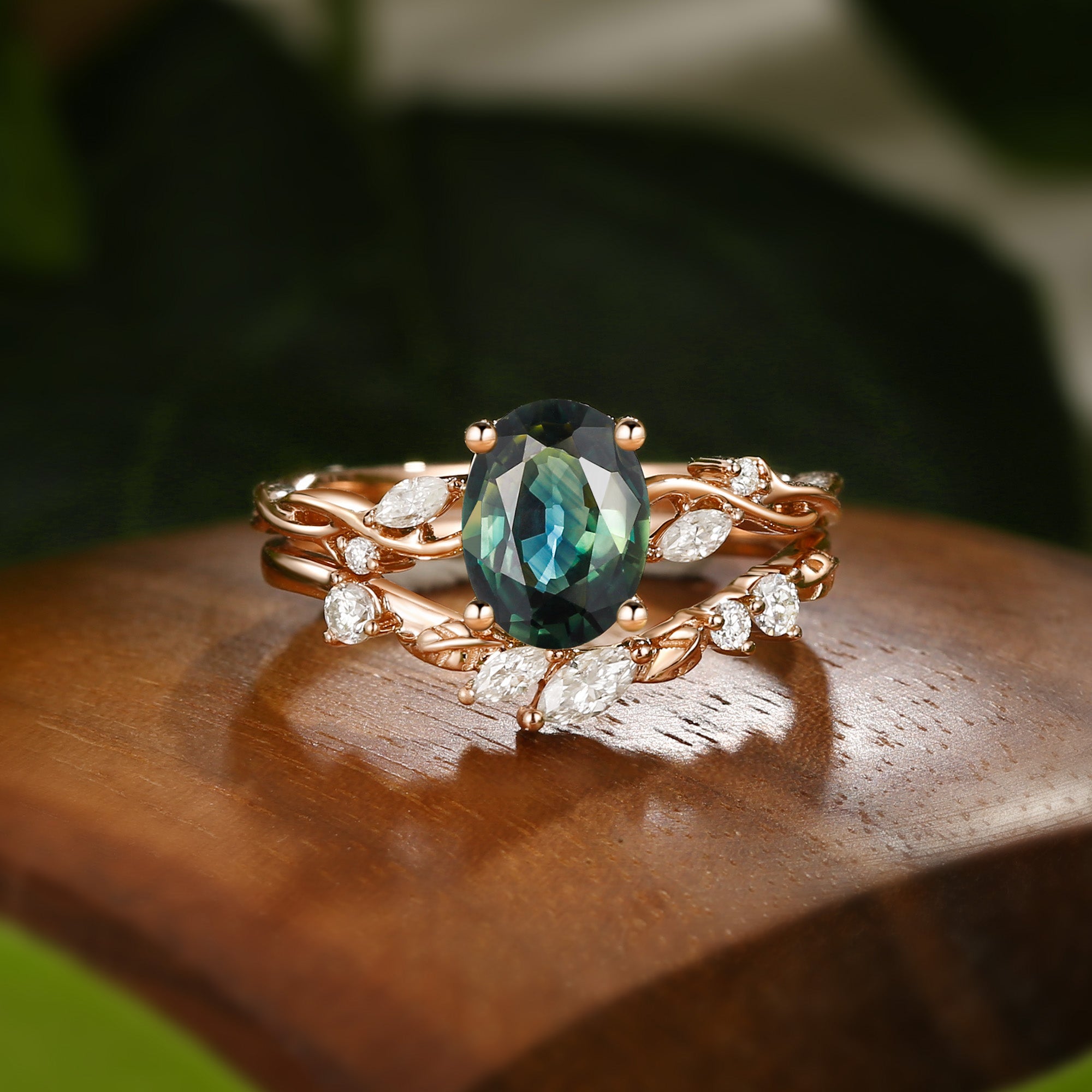 Coralie - Natural Blue Green Sapphire Leaf Engagement Ring Set 2pcs