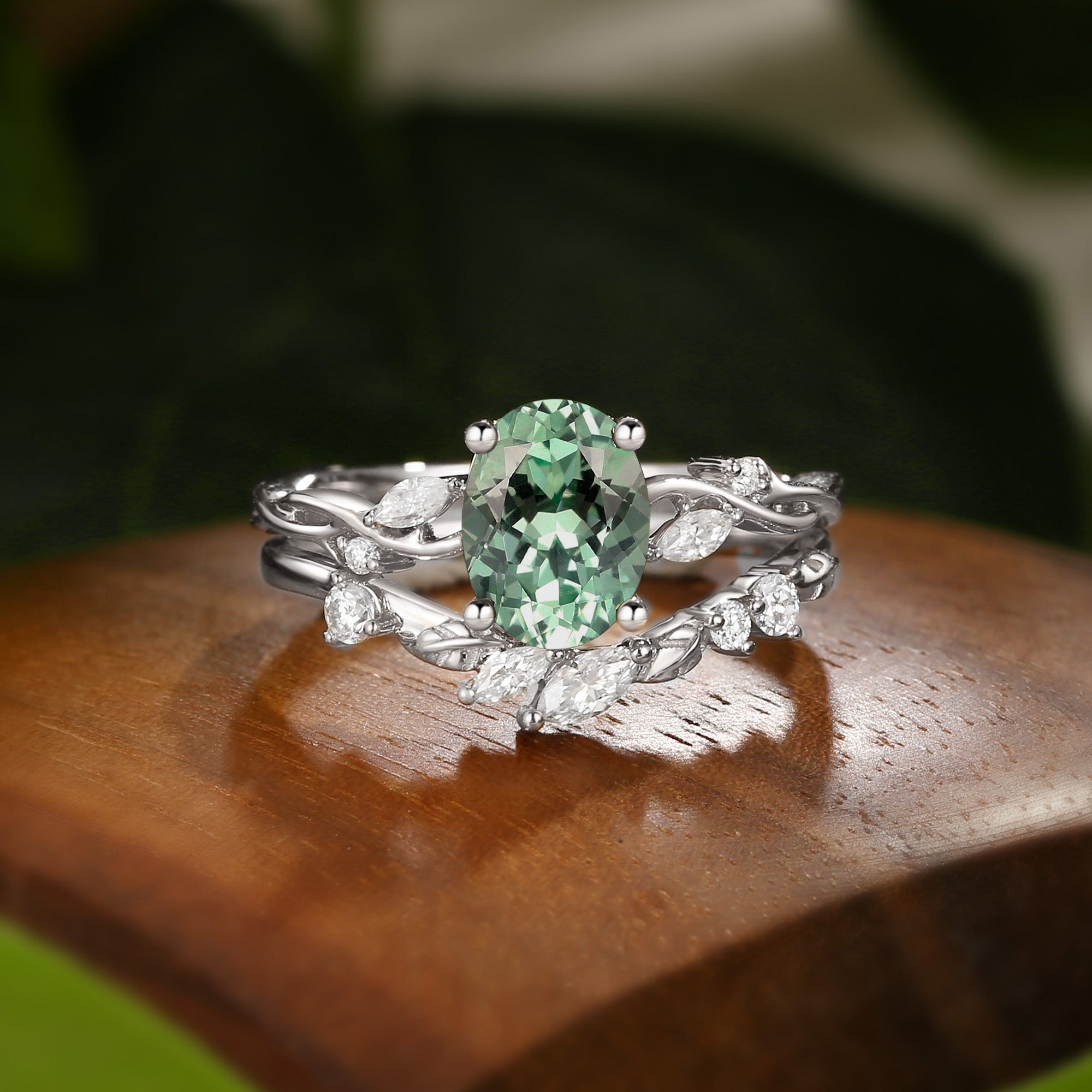 Coralie - Lab Mint Green Sapphire Leaf Engagement Ring Set 2pcs