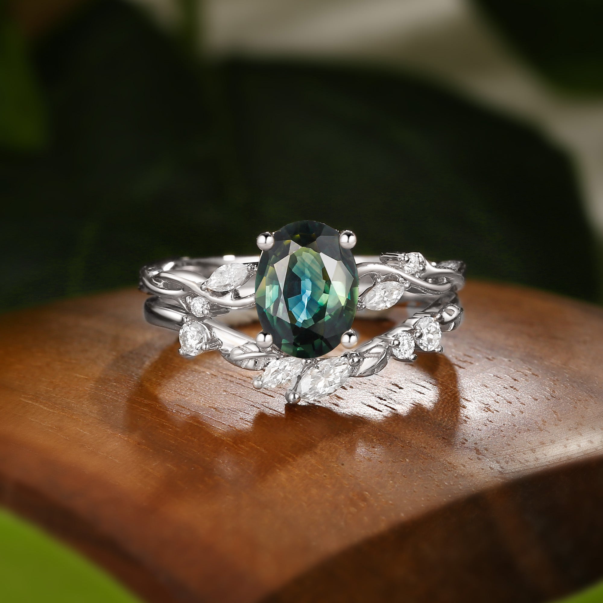 Coralie - Natural Blue Green Sapphire Leaf Engagement Ring Set 2pcs