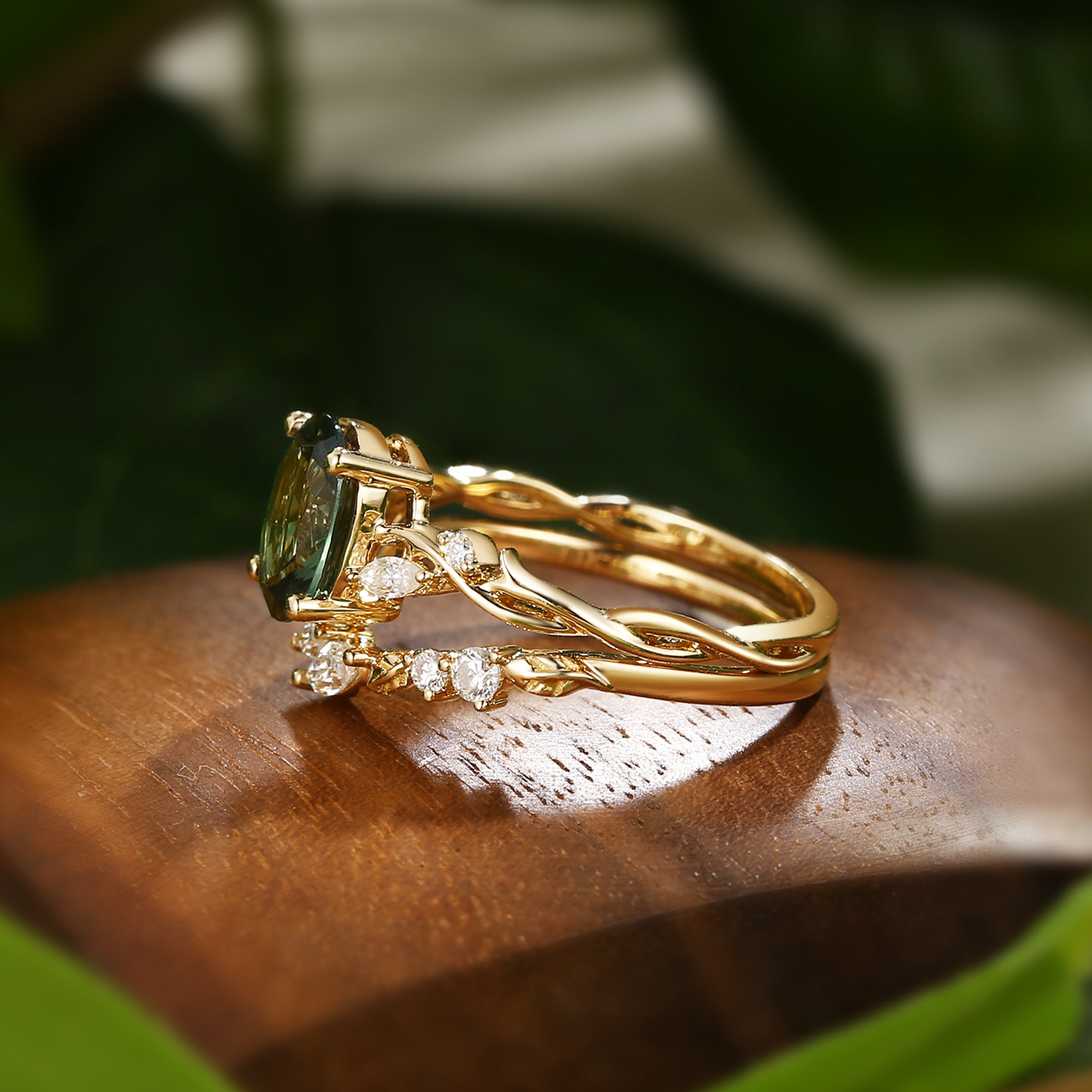 Coralie - Natural Blue Green Sapphire Leaf Engagement Ring Set 2pcs