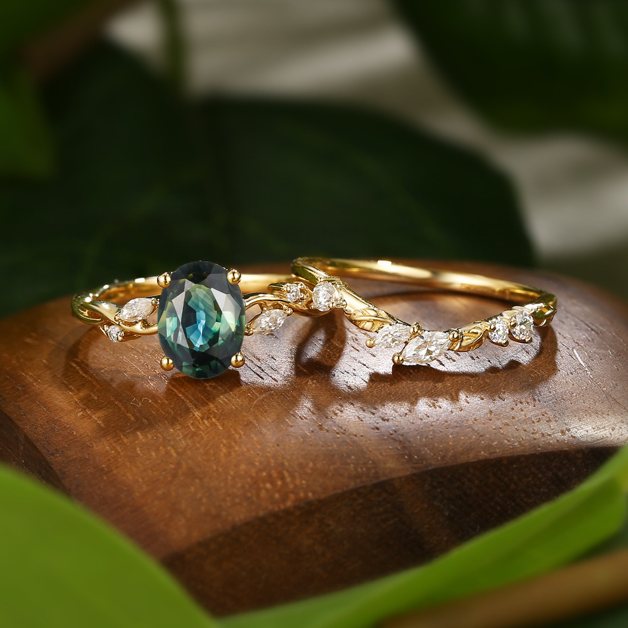 Coralie - Natural Blue Green Sapphire Leaf Engagement Ring Set 2pcs