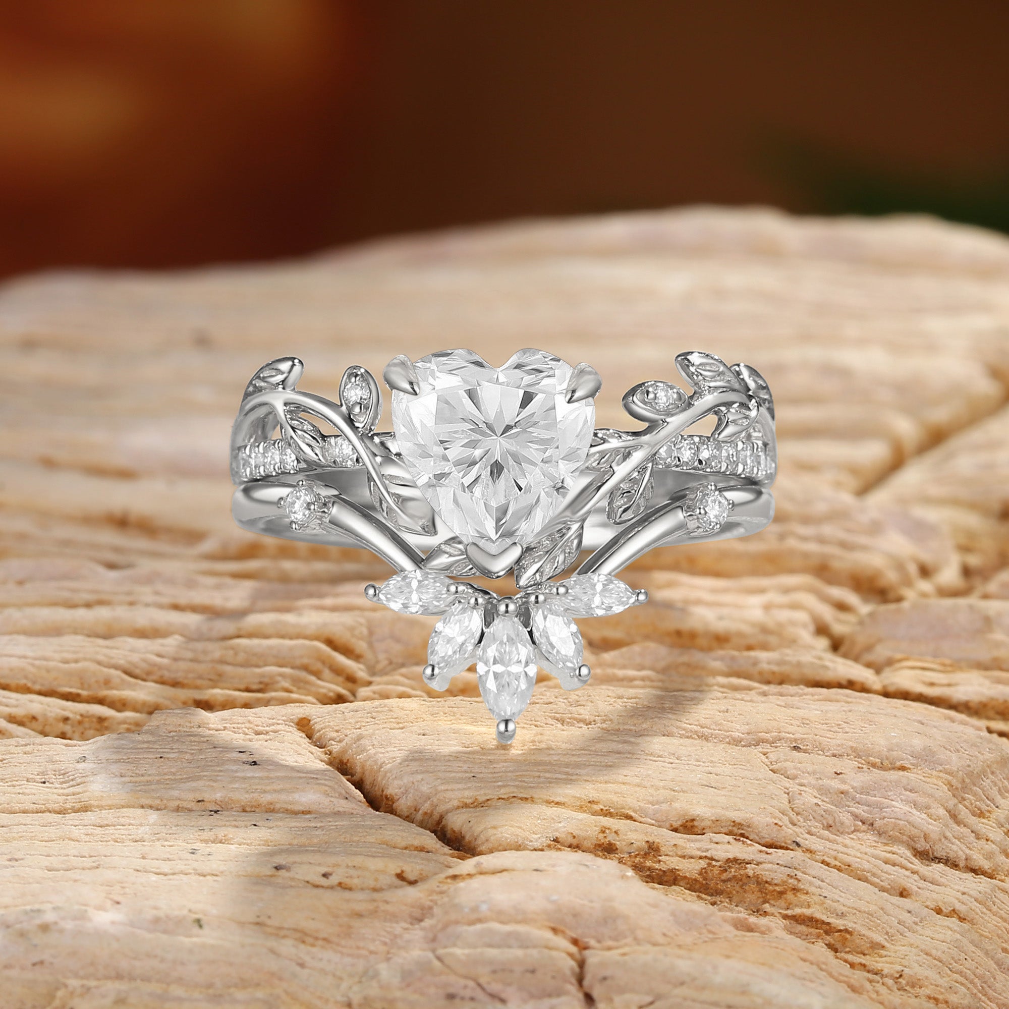 Jora - Heart Cut Moissanite Vine Inspired Leafy Bridal Set 2pcs