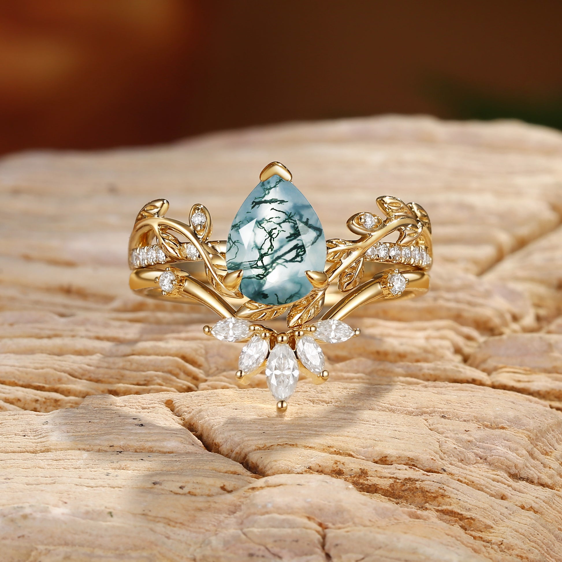 Jora - Pear Cut Moss Agate Vine Inspired Leafy Bridal Set 2pcs