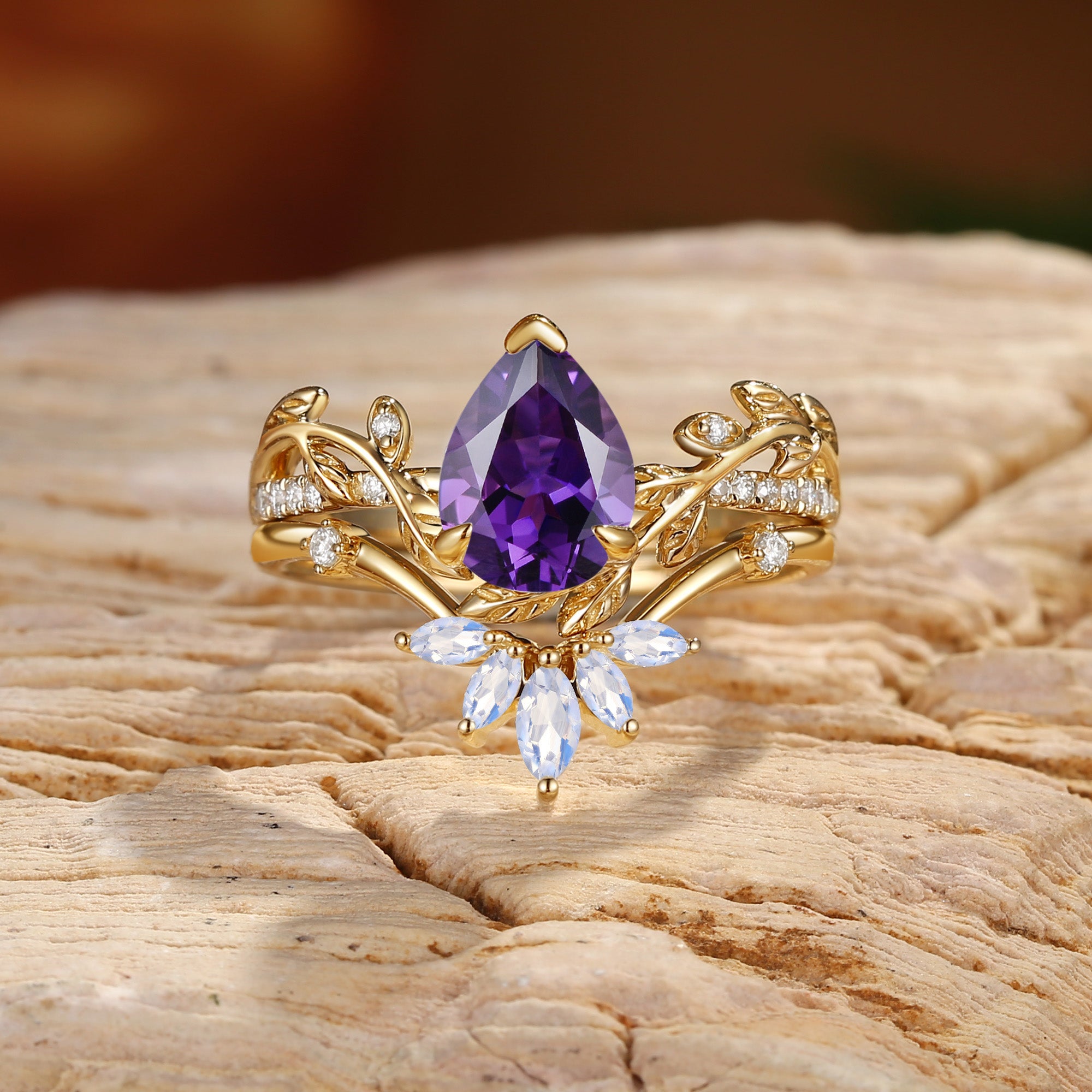 Jora - Pear Cut Amethyst Vine Inspired Leafy Bridal Set 2pcs