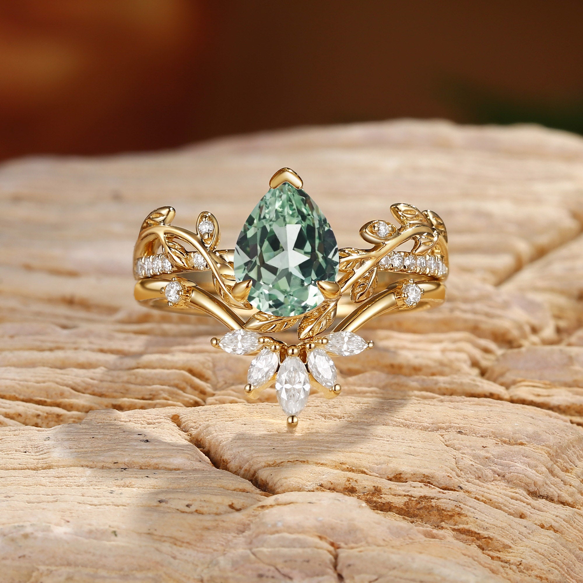 Jora - Pear Cut Mint Green Sapphire Vine Inspired Leafy Bridal Set 2pcs