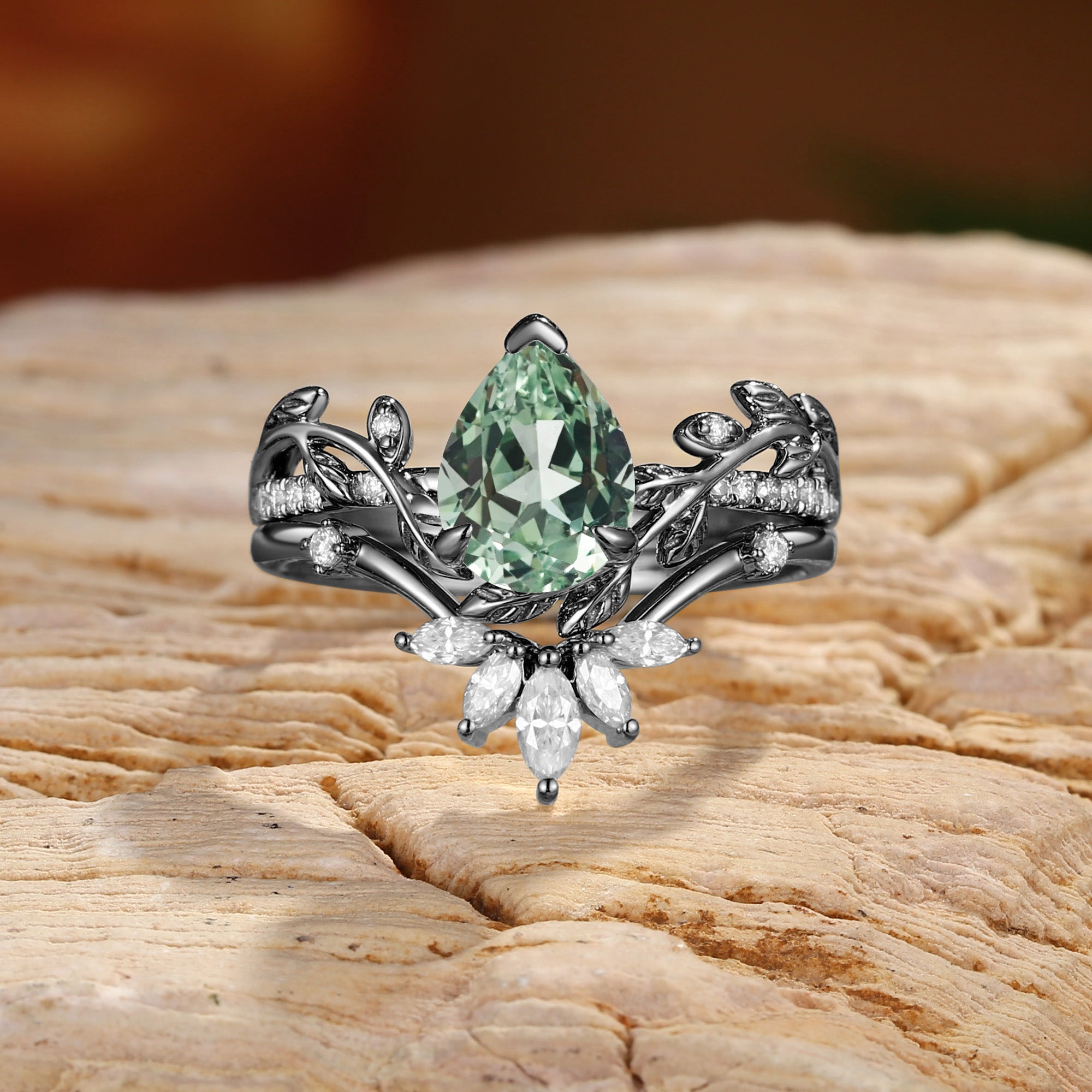 Jora - Pear Cut Mint Green Sapphire Vine Inspired Leafy Bridal Set 2pcs