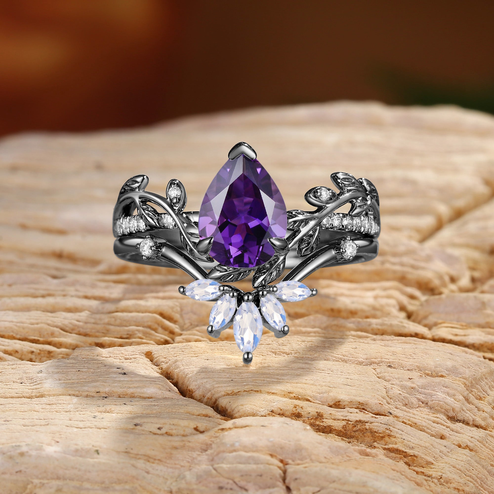 Jora - Pear Cut Amethyst Vine Inspired Leafy Bridal Set 2pcs