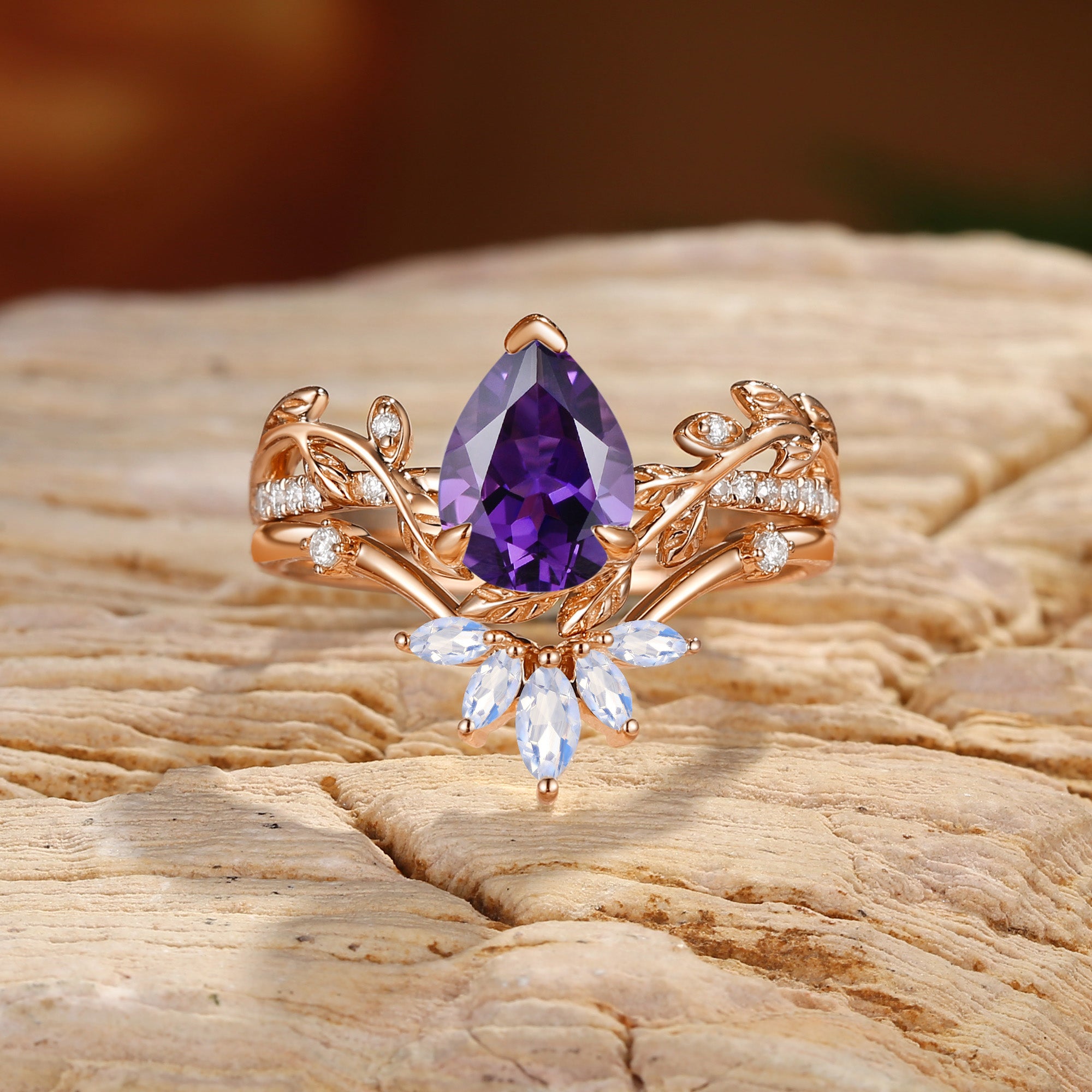 Jora - Pear Cut Amethyst Vine Inspired Leafy Bridal Set 2pcs