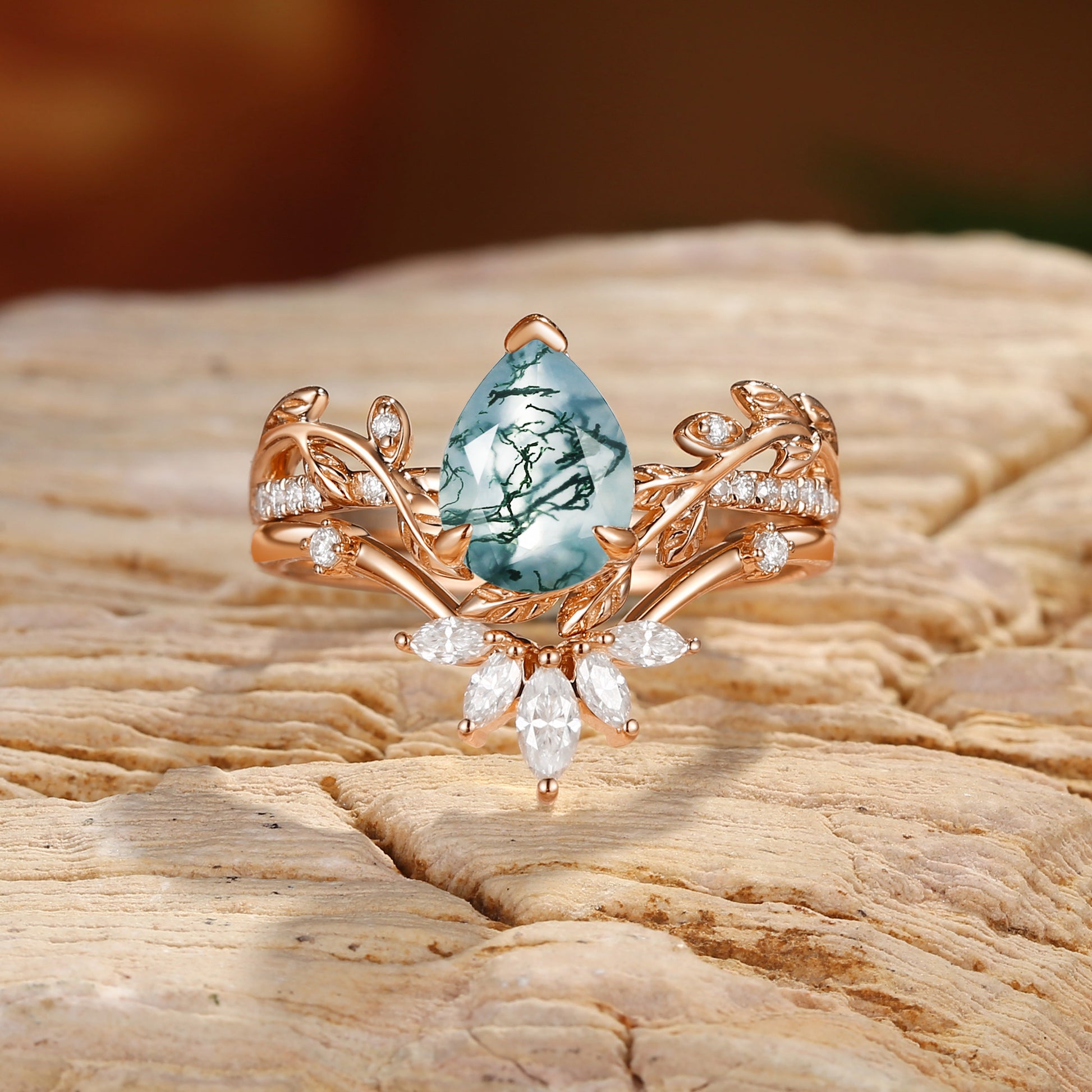 Jora - Pear Cut Moss Agate Vine Inspired Leafy Bridal Set 2pcs