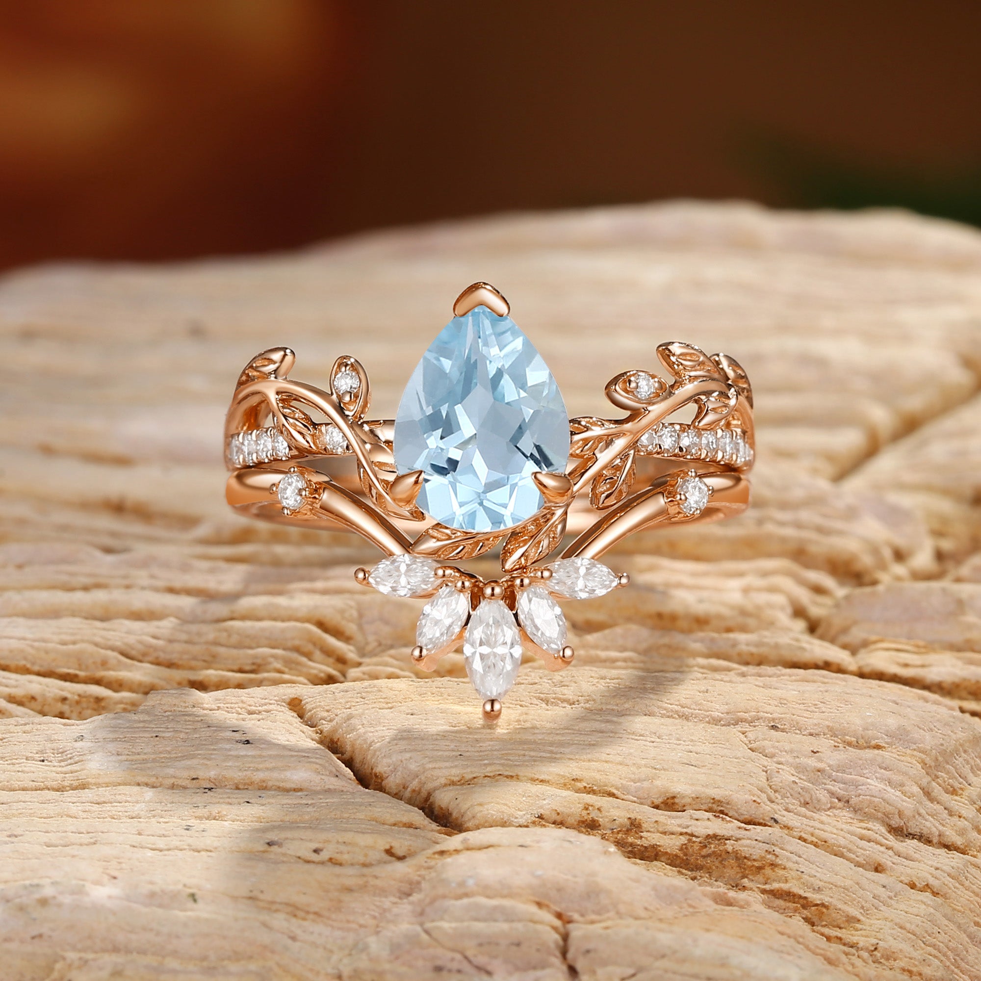 Jora - Pear Cut Aquamarine Vine Inspired Leaf Bridal Set 2pcs