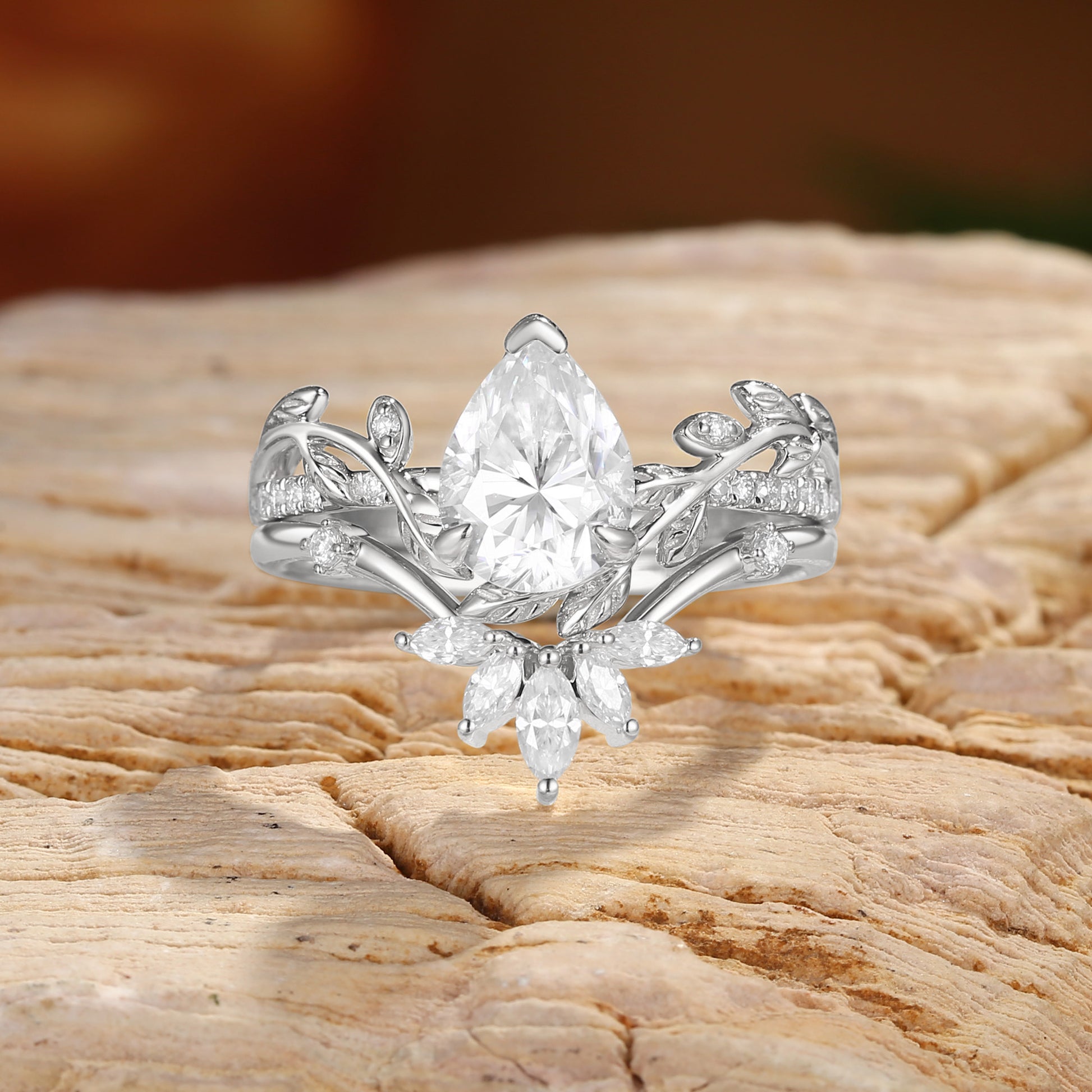 Jora - Pear Cut Moissanite Vine Inspired Leafy White Gold Bridal Set 2pcs