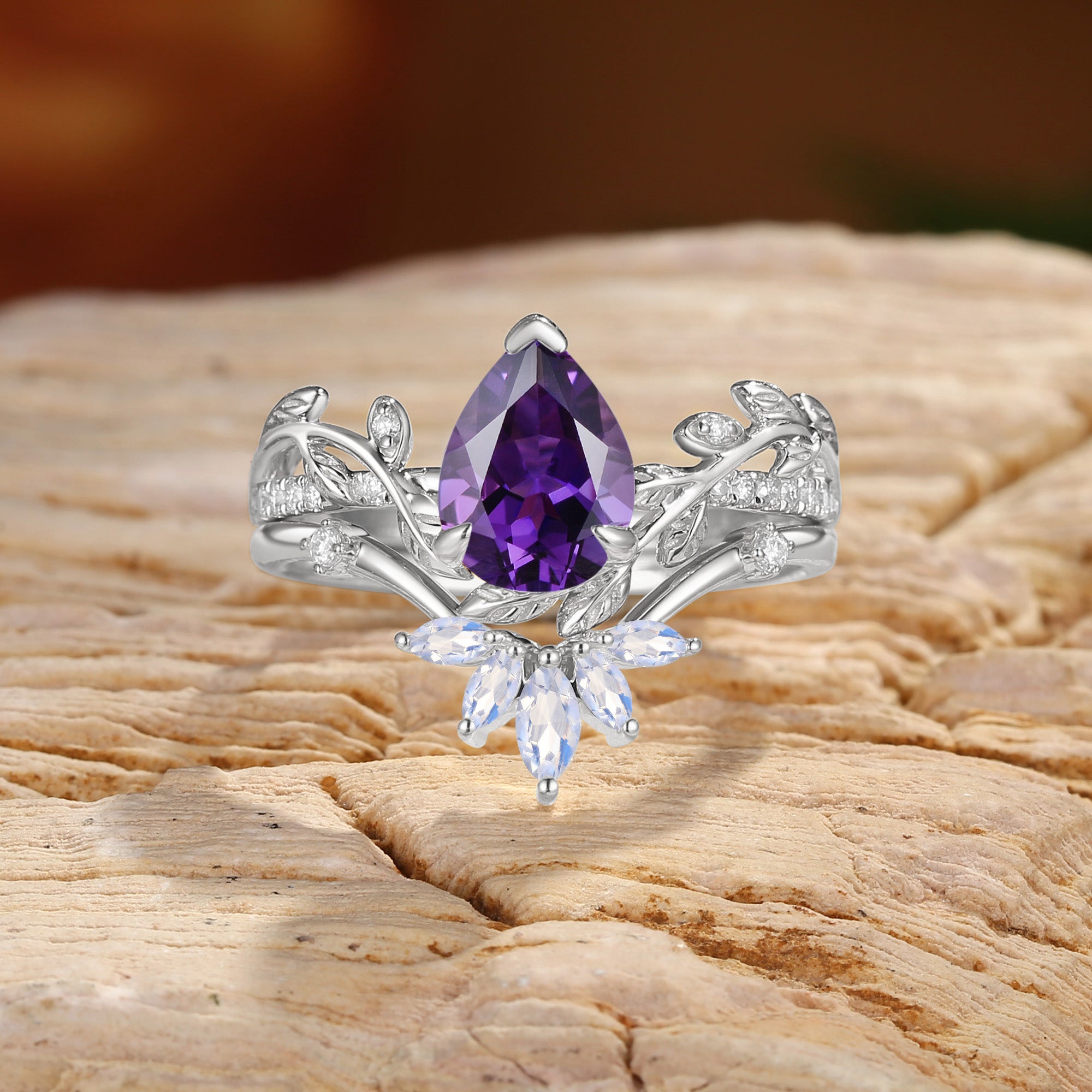 Jora - Pear Cut Amethyst Vine Inspired Leafy Bridal Set 2pcs