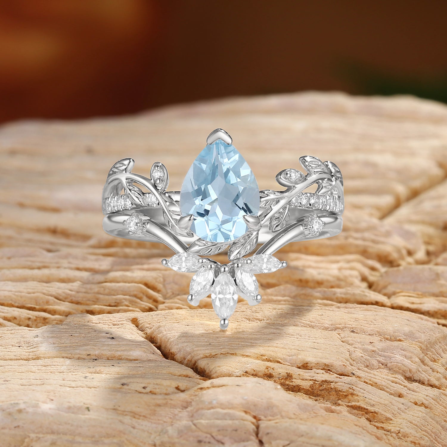 Jora - Pear Cut Aquamarine Vine Inspired Leaf Bridal Set 2pcs